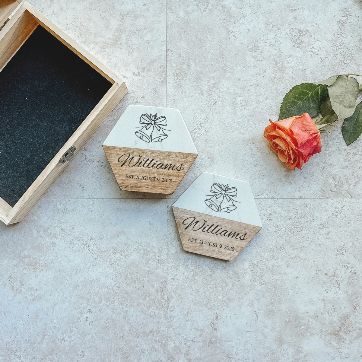 Personalized Wedding Keepsake Box & Marble Coaster Set – Custom Wooden Gift for Couples, Anniversary, Engagement or Bridal Shower
