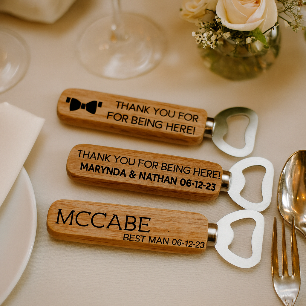Wooden bottle openers with engraved text on a table setting with cutlery and flowers.