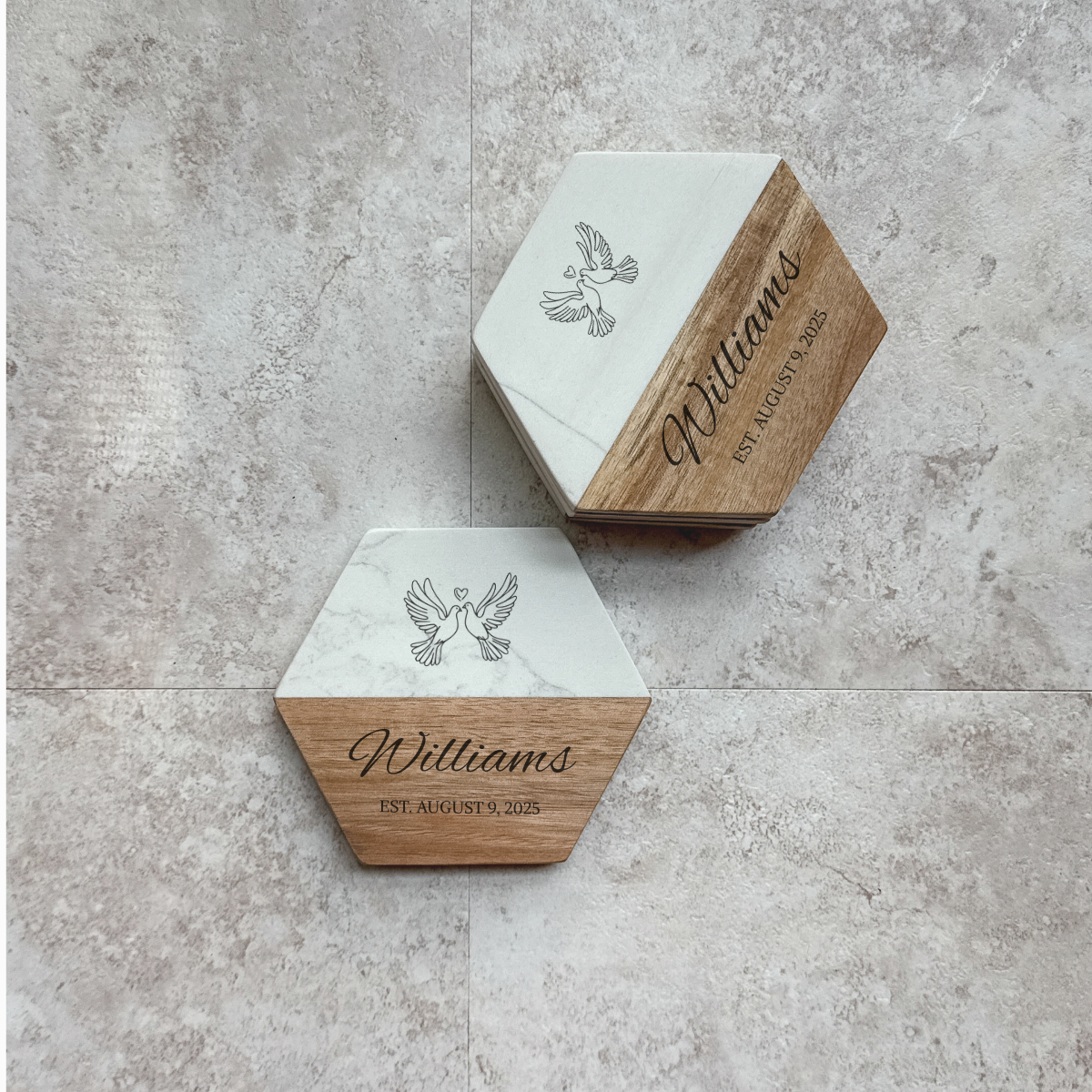 Personalized Wedding Keepsake Box & Marble Coaster Set – Custom Dove Design Gift for Couples, Anniversary, Engagement or Bridal Shower