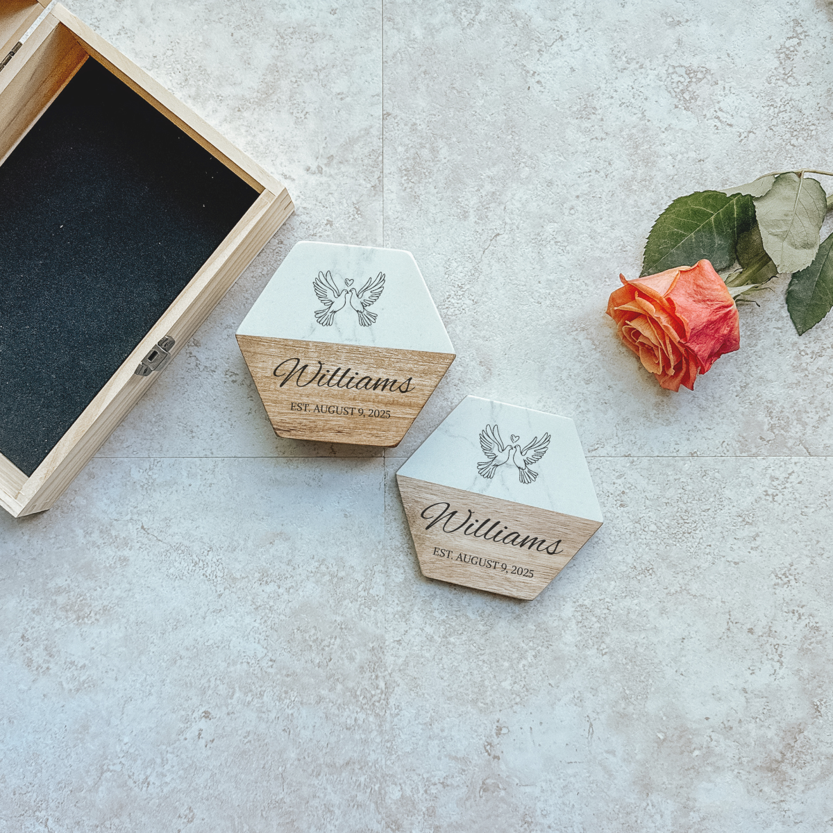 Personalized Wedding Keepsake Box & Marble Coaster Set – Custom Dove Design Gift for Couples, Anniversary, Engagement or Bridal Shower