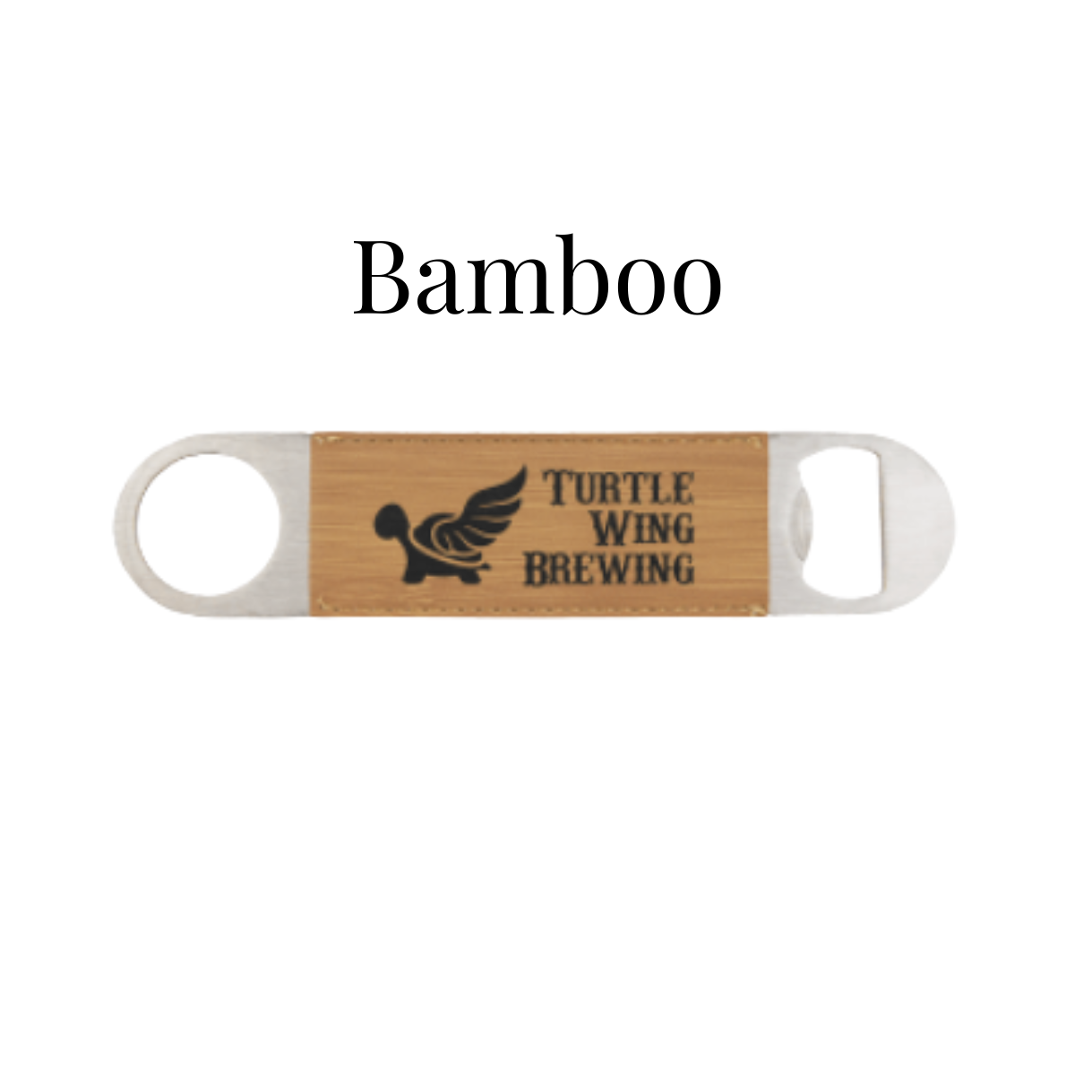 Bamboo bottle opener with 'Turtle Wing Brewing' logo on a white background