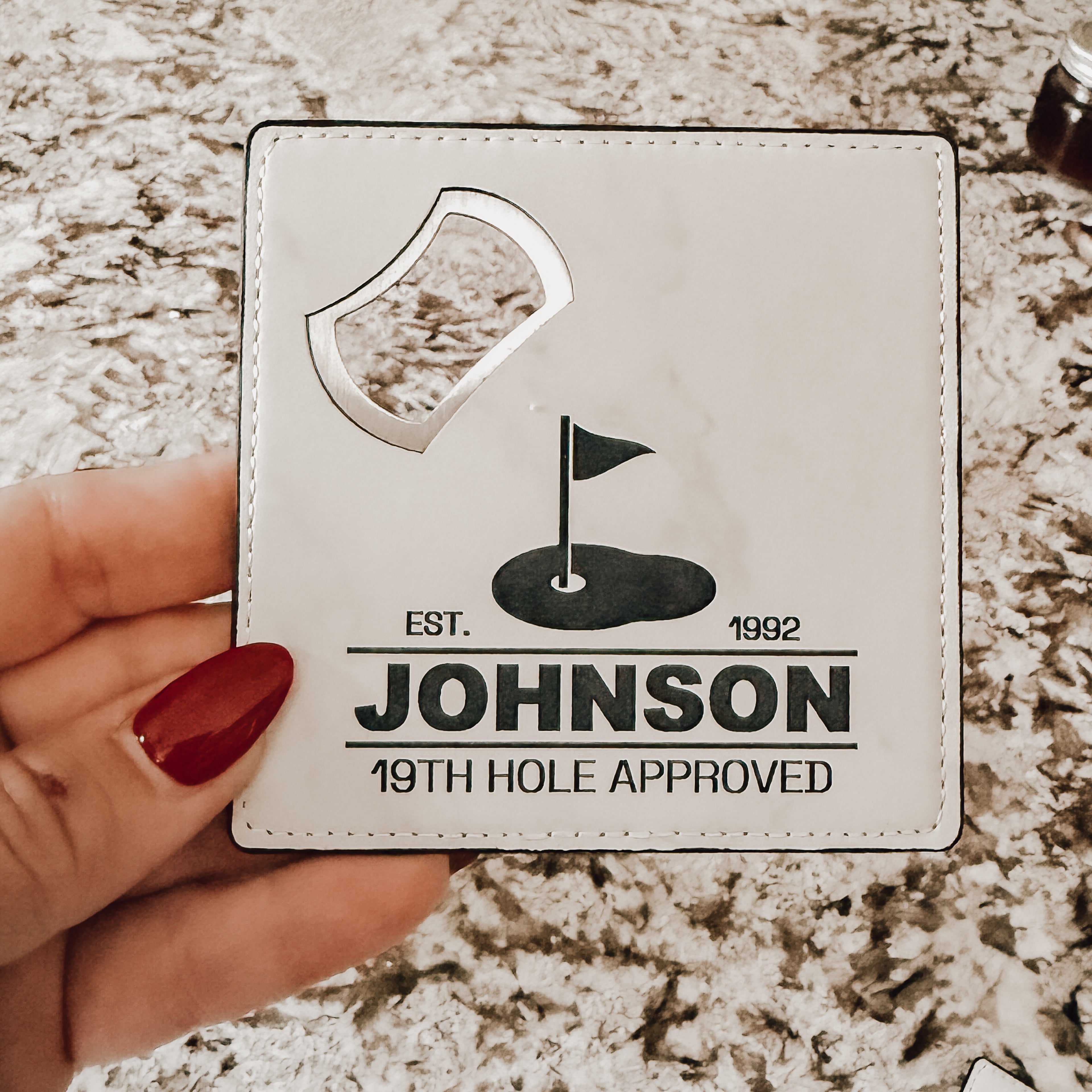 Personalized Leather Bottle Opener Coaster – 2-in-1 Custom Golf Gift for Men