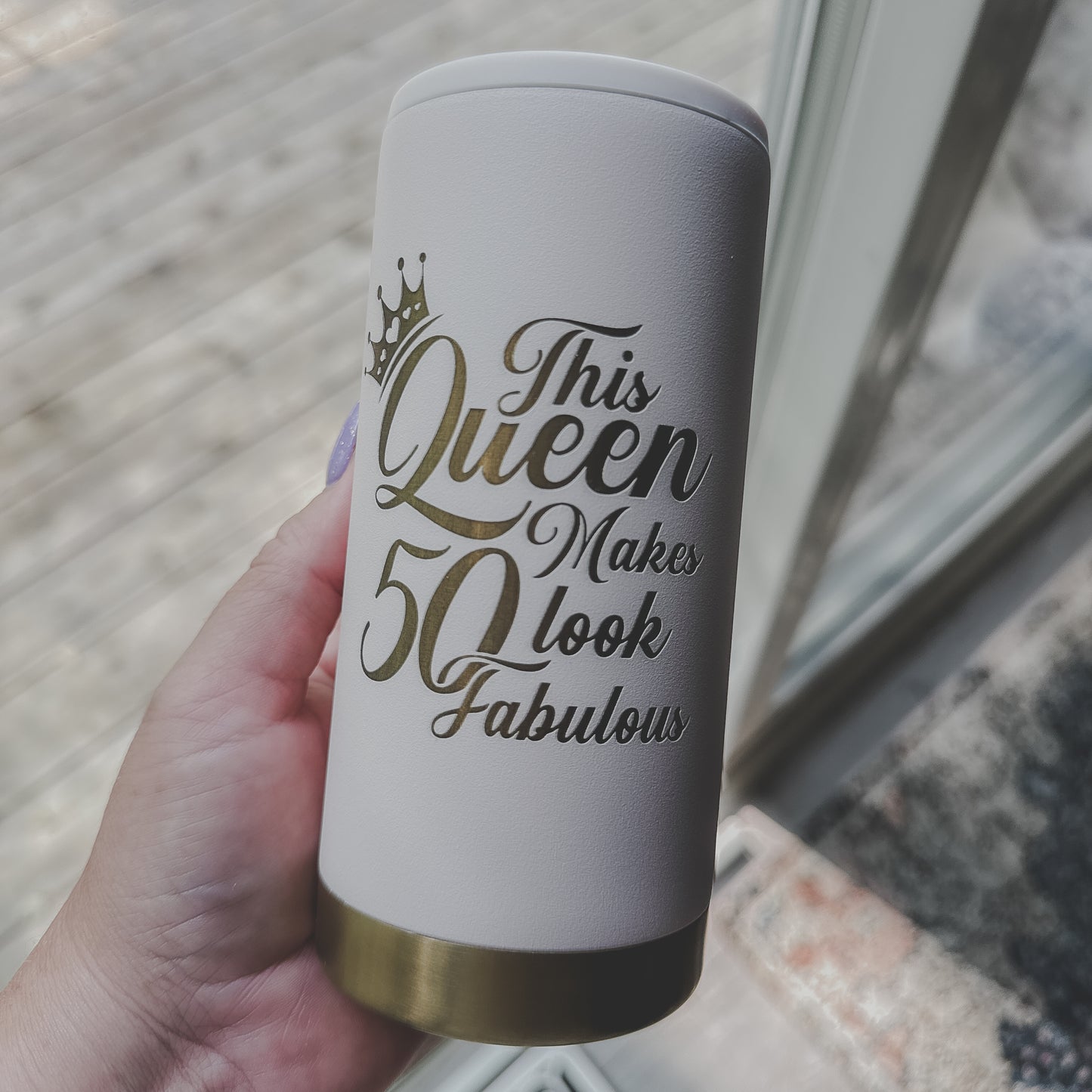 "This Queen Makes 50 Look Fabulous" Slim Can Cooler – 12oz