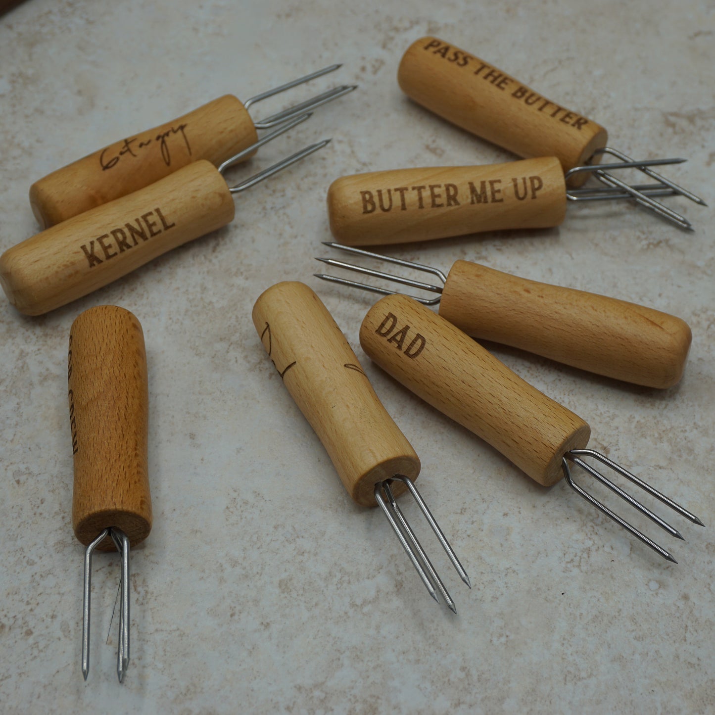 Personalized Maple Corn Holders 4 or 8 Piece Set | Engraved Keepsake Box