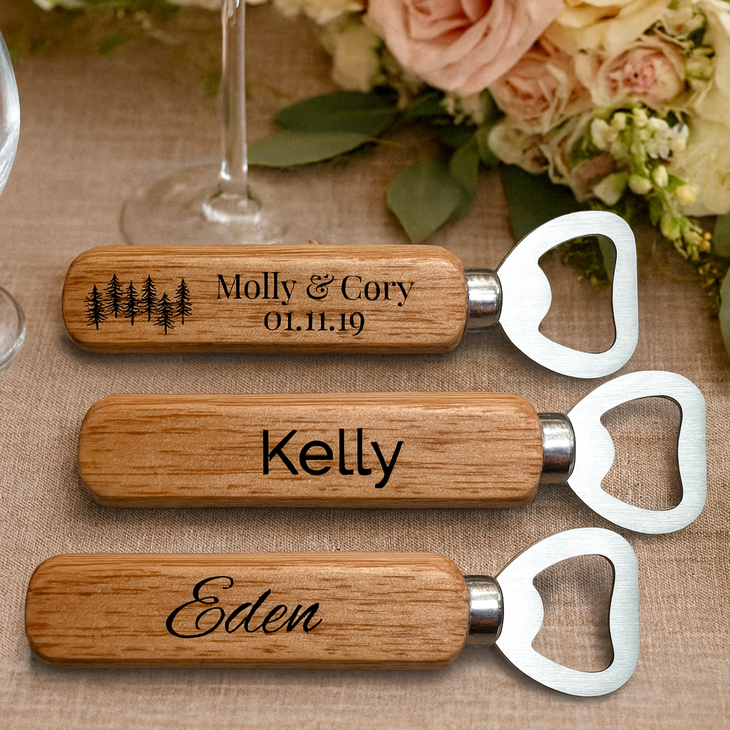 Three wooden bottle openers with engraved names on a table with flowers and glasses.
