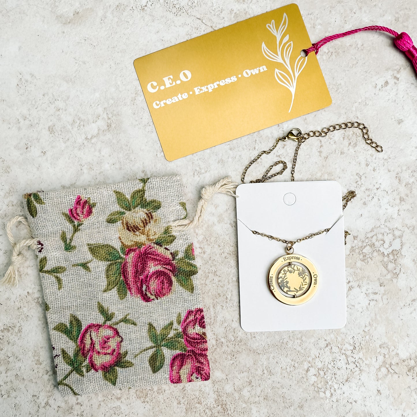 C.E.O Spinner Necklace (Stainless Steel) + Bookmark — Create • Express • Own