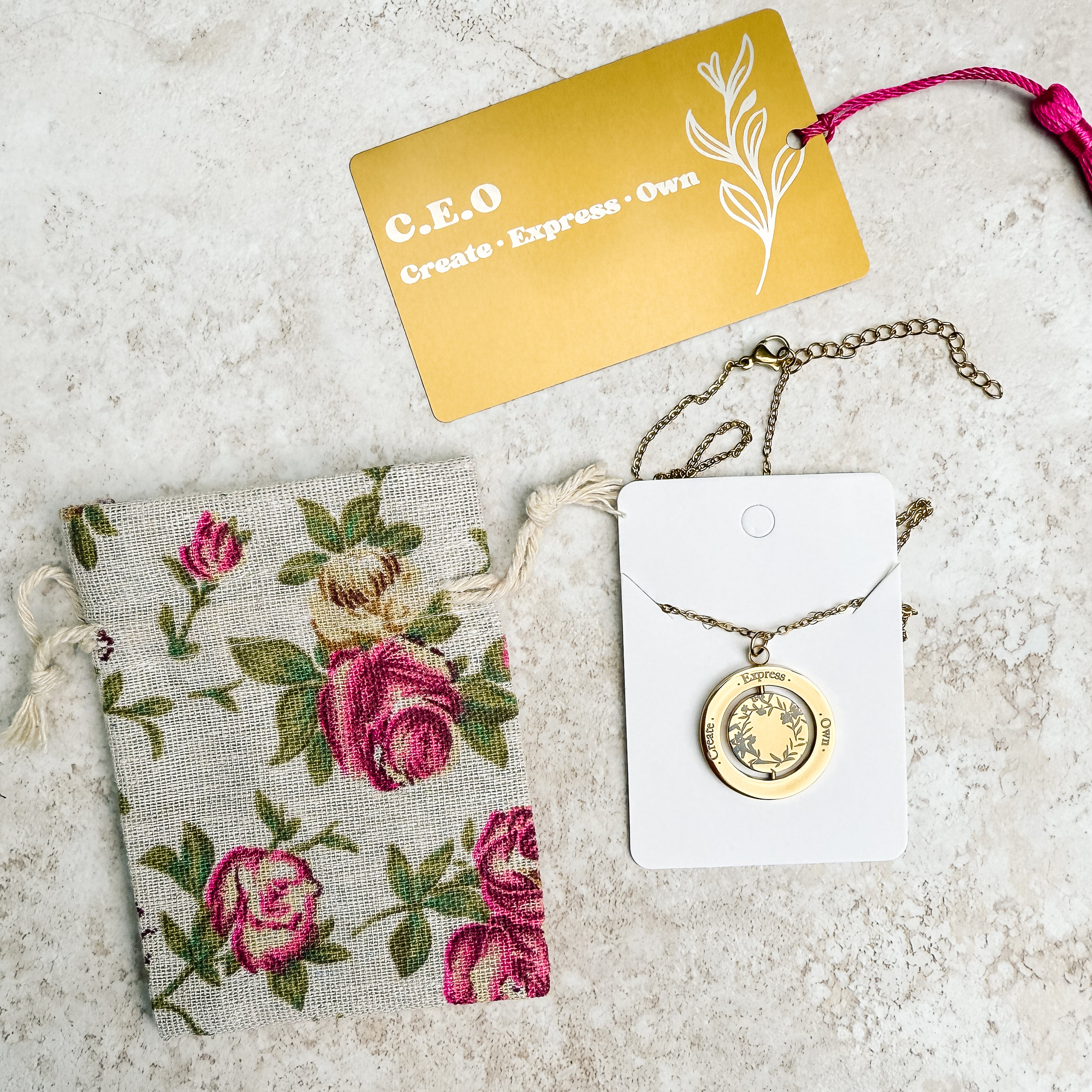 C.E.O Spinner Necklace (Stainless Steel) + Bookmark — Create • Express • Own