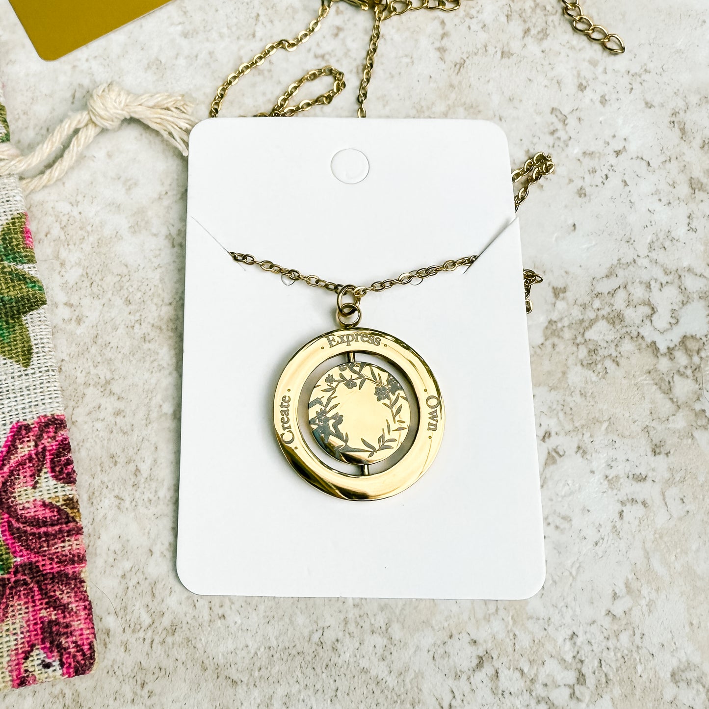C.E.O Spinner Necklace (Stainless Steel) + Bookmark — Create • Express • Own