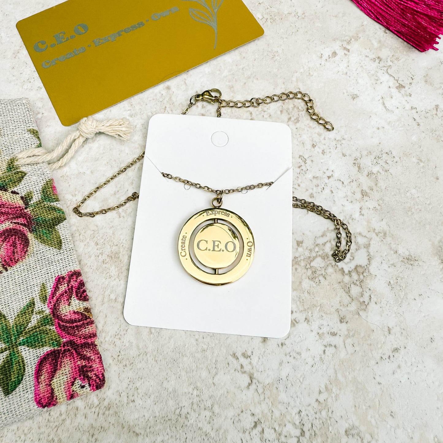 C.E.O Spinner Necklace (Stainless Steel) + Bookmark — Create • Express • Own