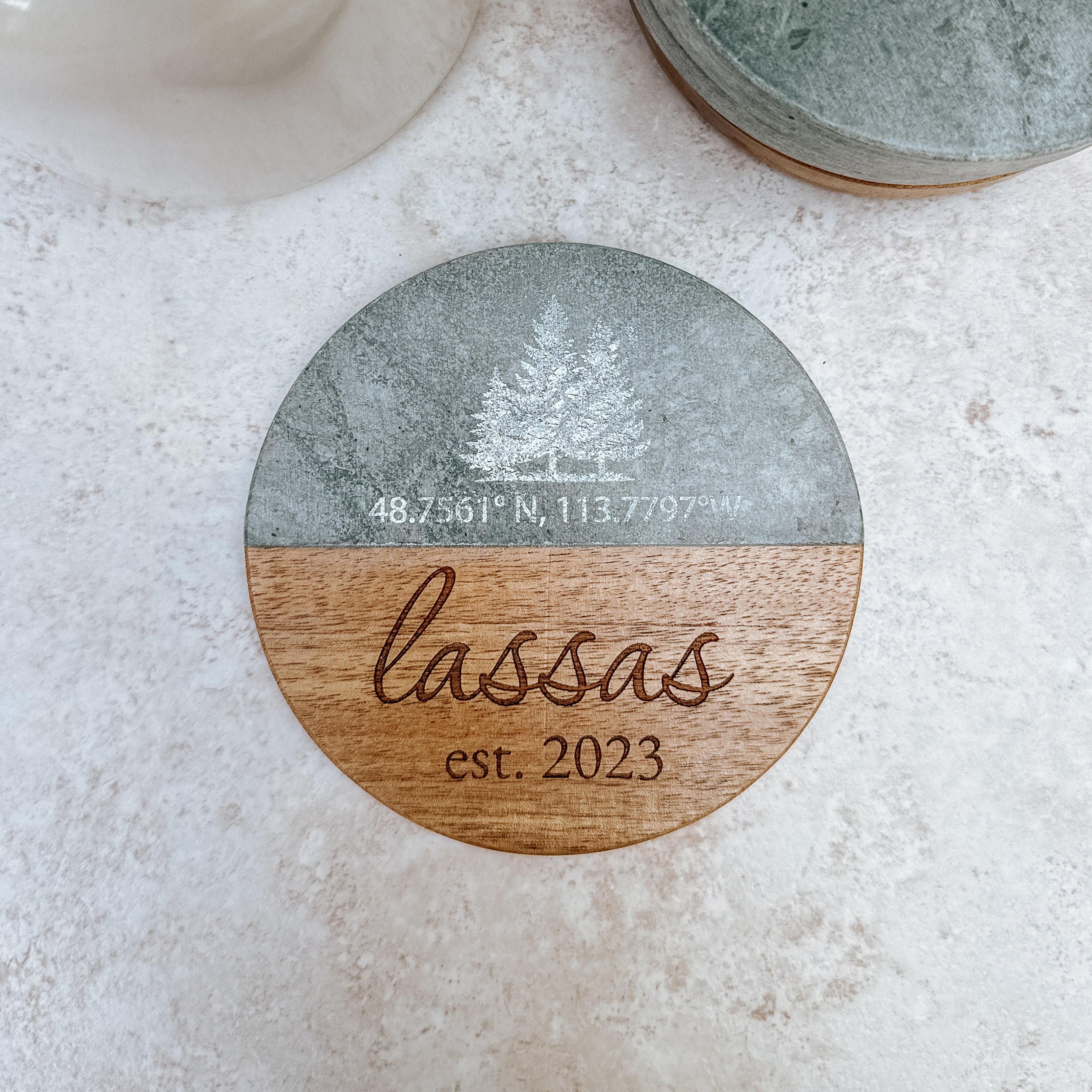 Custom Family Name & Coordinates Coaster Set – Engraved Marble & Wood