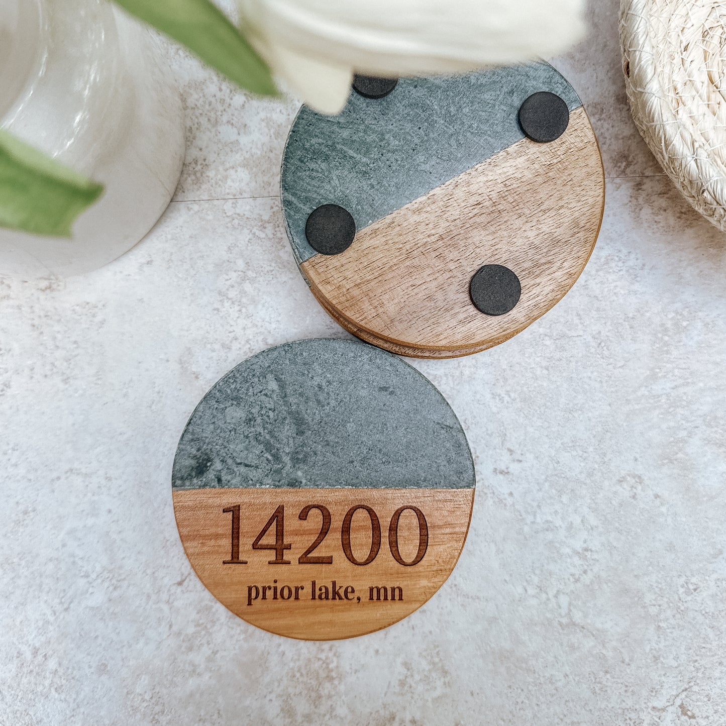 Personalized Marble & Acacia Wood Coaster Set – Custom House Number or Location