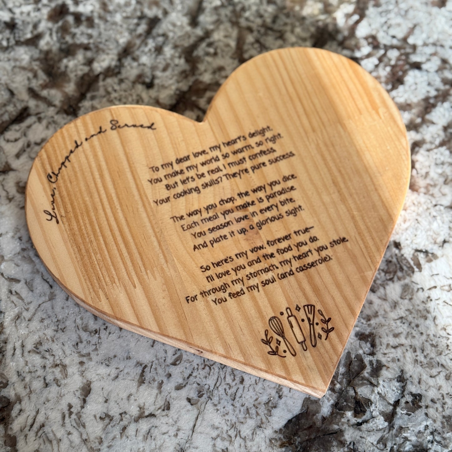 Heart-Shaped Cutting Board with Funny Poem | Food-Safe Wood Gift for Couples, Him or Her