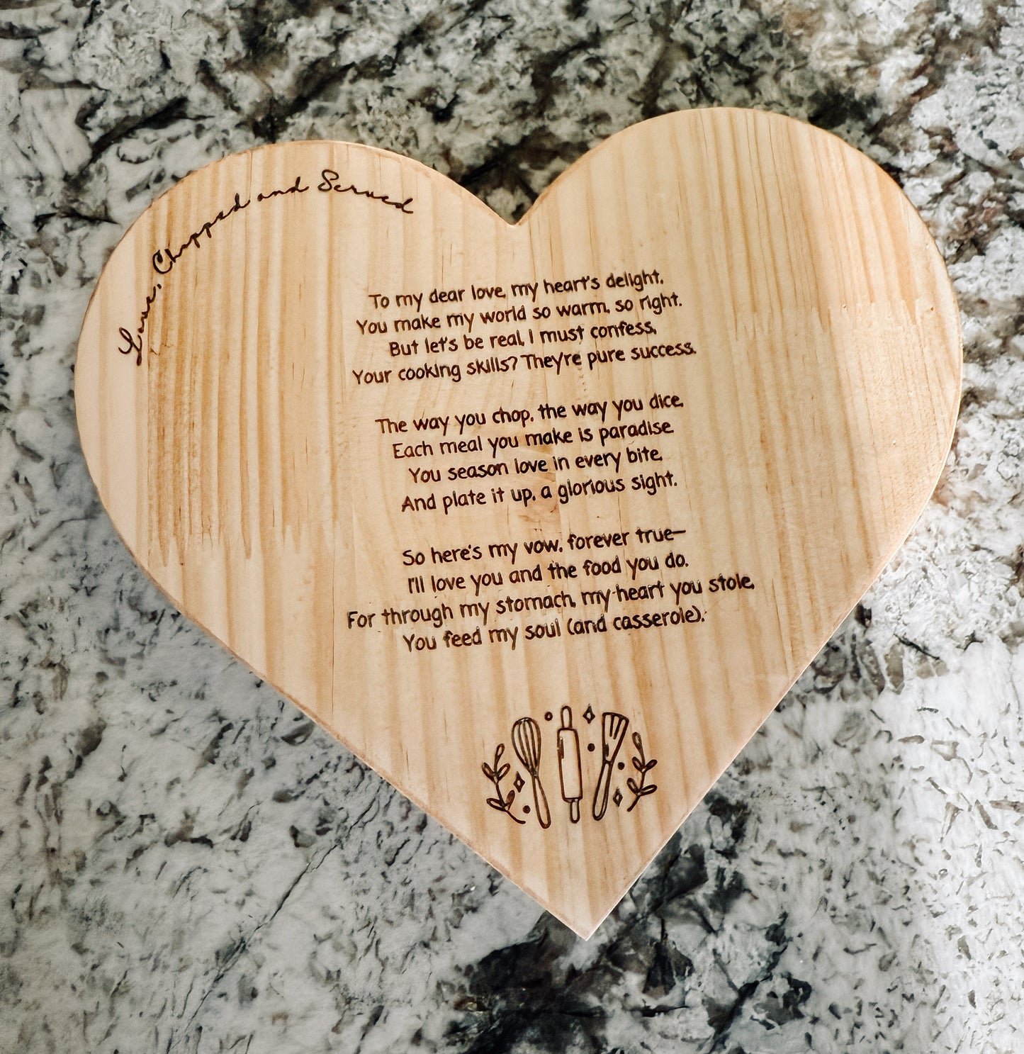 Heart-Shaped Cutting Board with Funny Poem | Food-Safe Wood Gift for Couples, Him or Her
