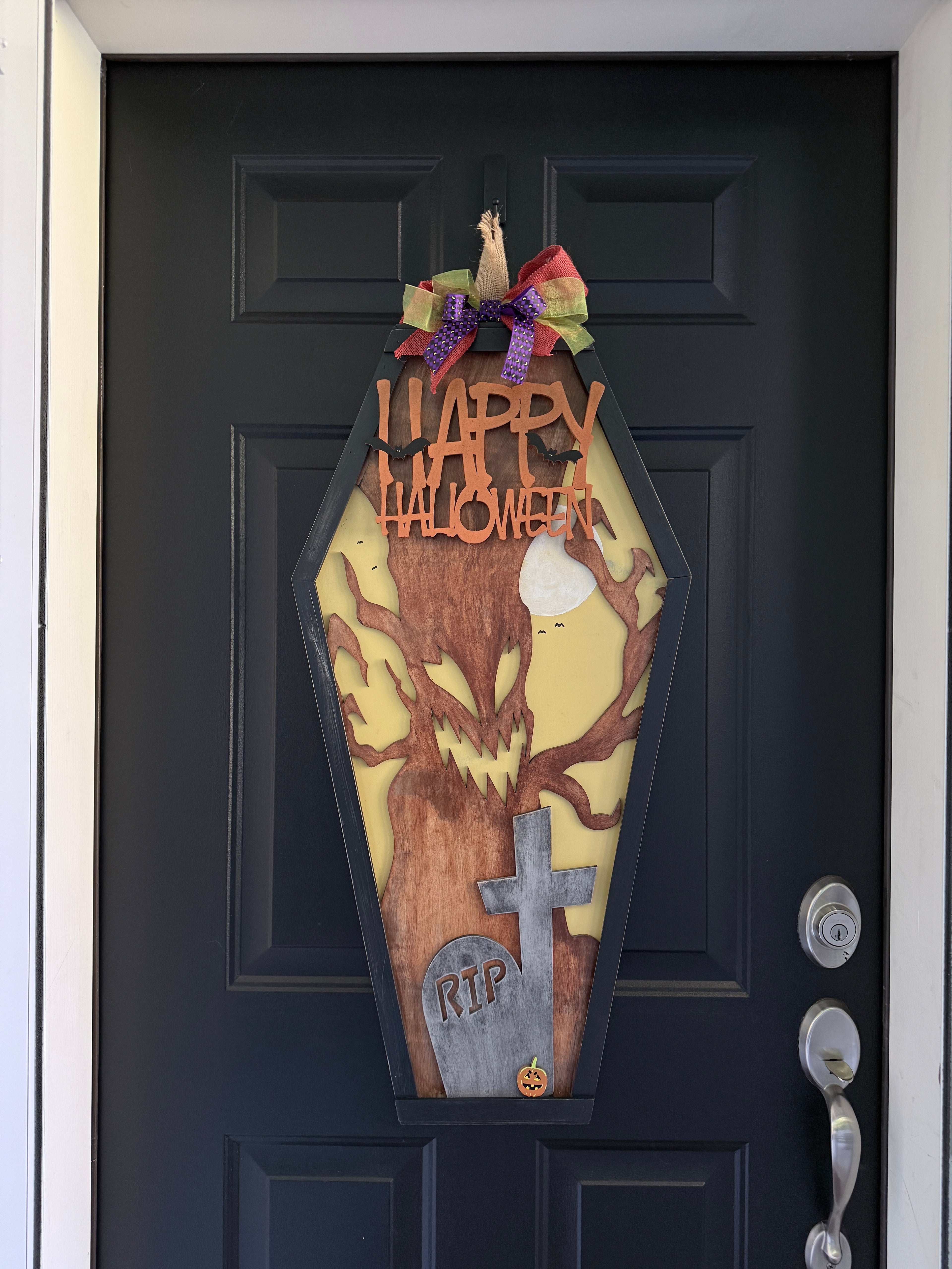 Handmade Layered Halloween Coffin Door Sign – 35" Tall Haunted Tree Design FREE SHIPPING