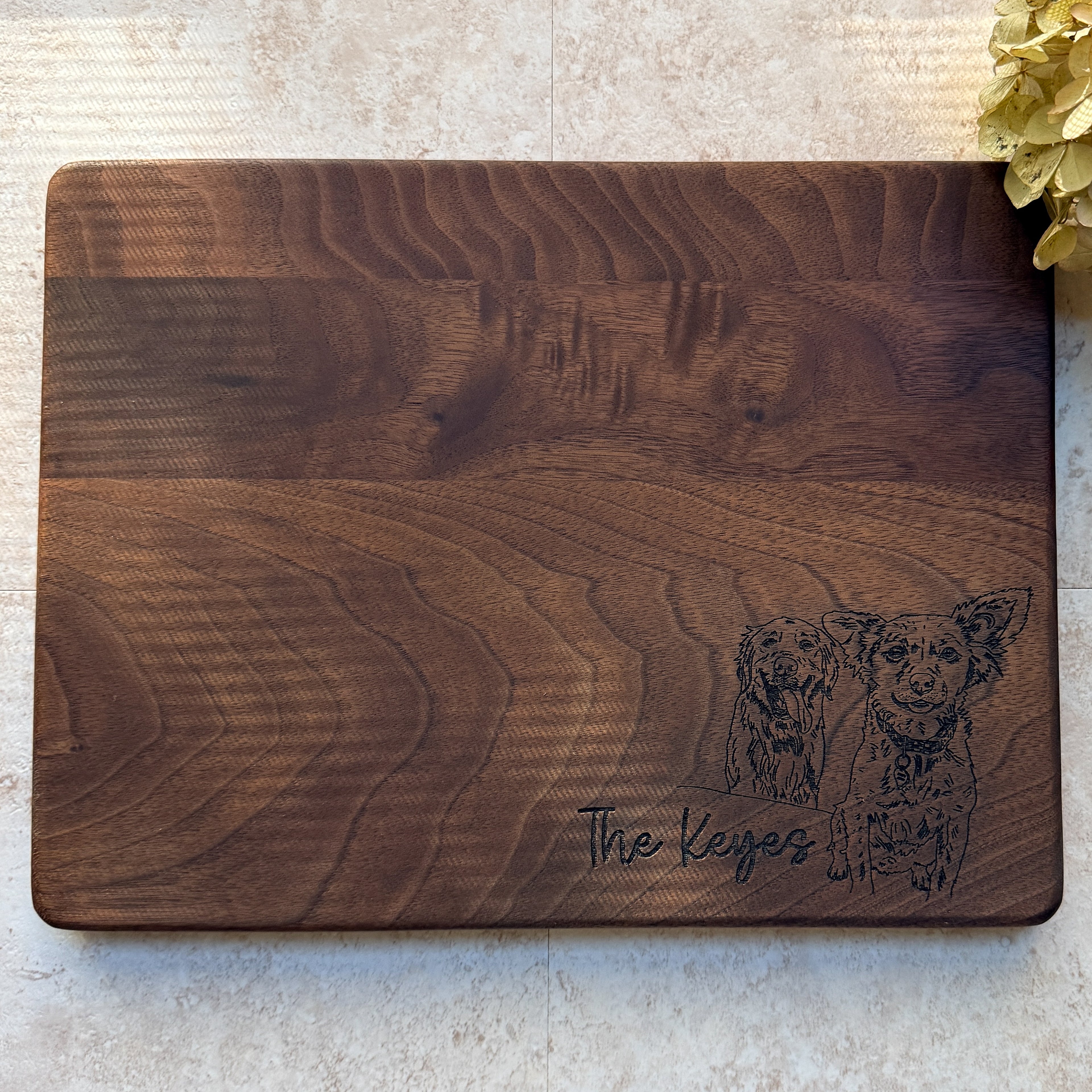 Personalized Dog Cutting Board with Custom Pet Portrait Engraving – Walnut Keepsake Gift