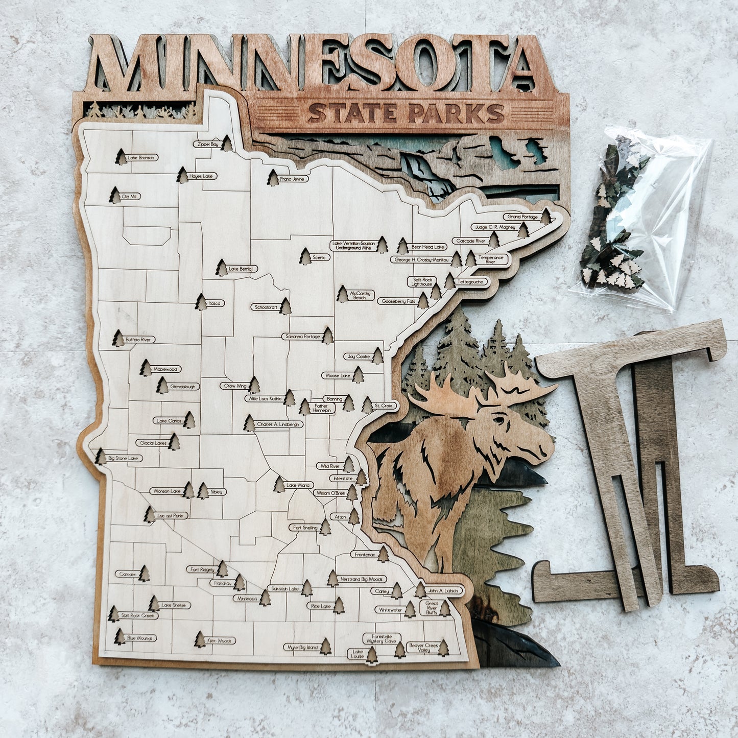 Layered Minnesota State Park Map with Moose – Wood Travel Tracker Gift FREE SHIPPING