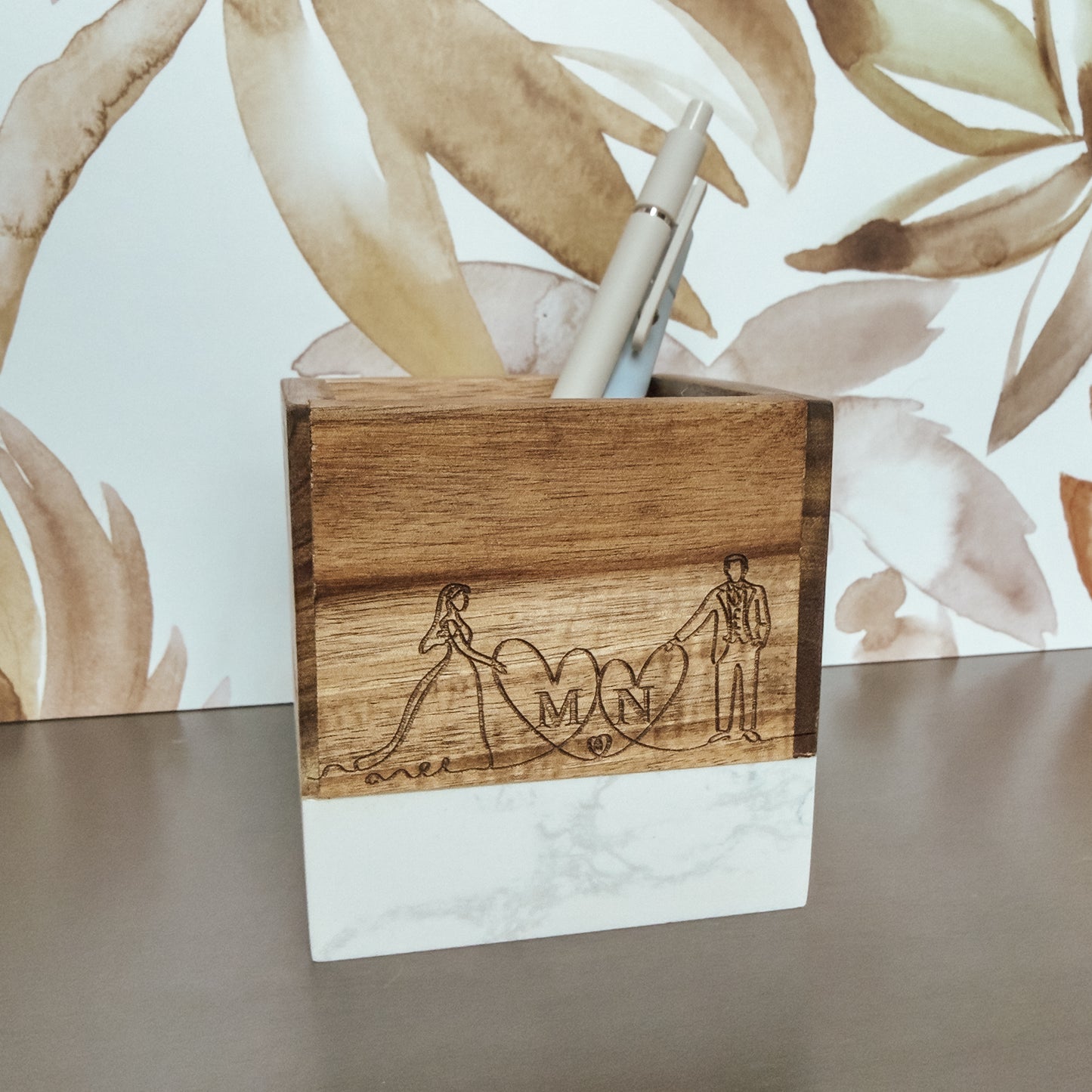 Personalized Wedding Gift – Engraved Marble & Wood Pencil Holder