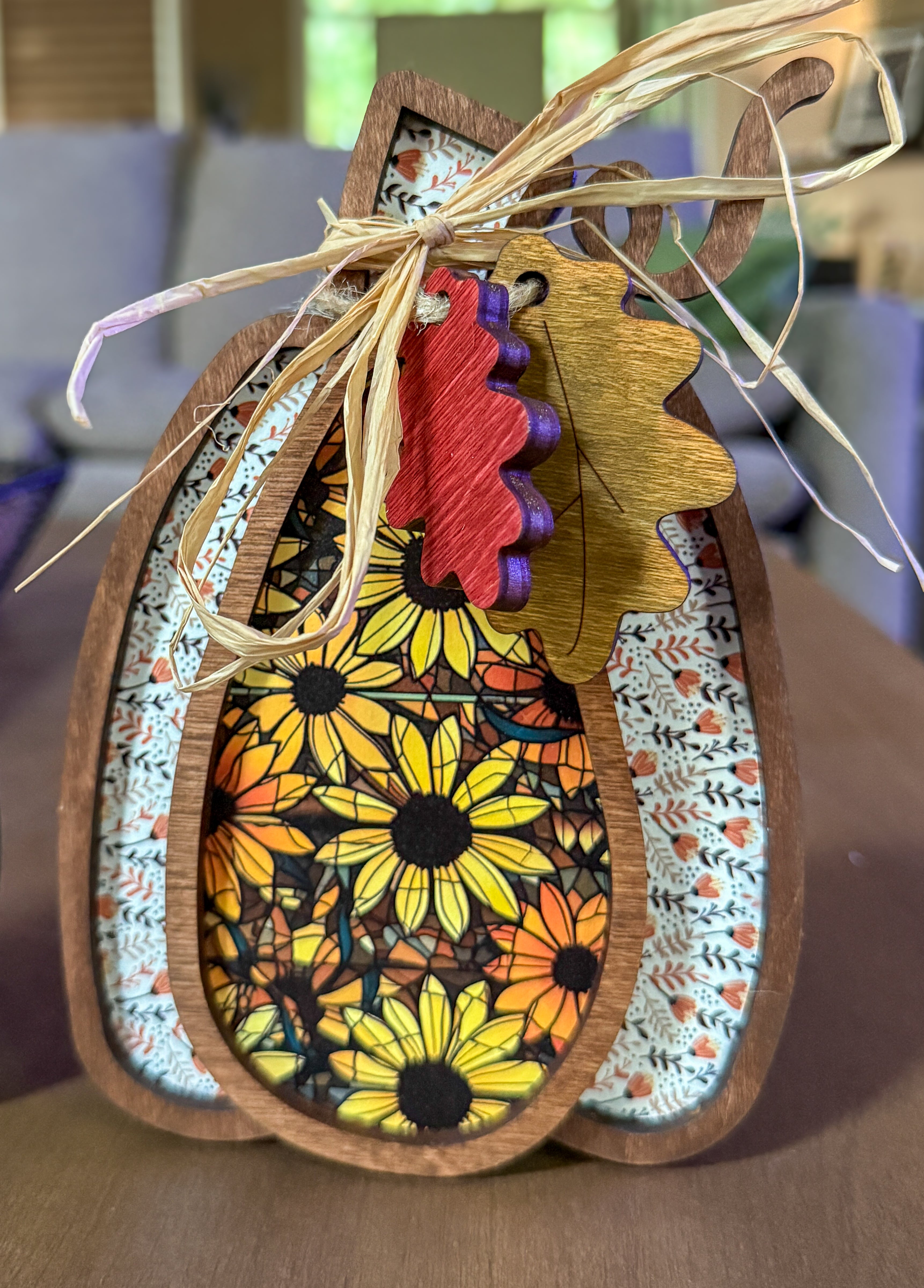 Handmade Layered Wood Pumpkin Sets with Bows, Raffia, and Leaf Accents – Rustic Freestanding Fall and Thanksgiving Decor
