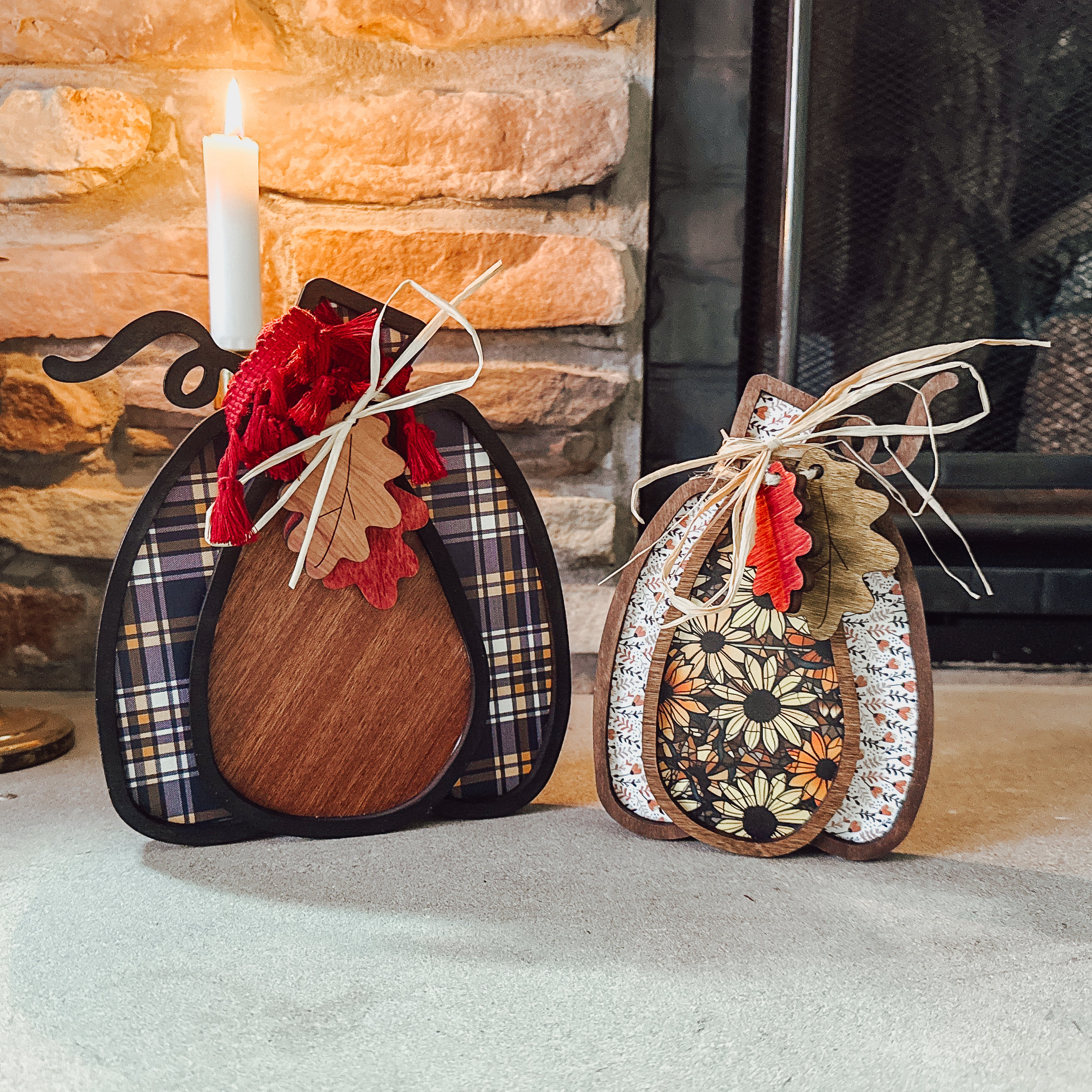Handmade Layered Wood Pumpkin Sets with Bows, Raffia, and Leaf Accents – Rustic Freestanding Fall and Thanksgiving Decor