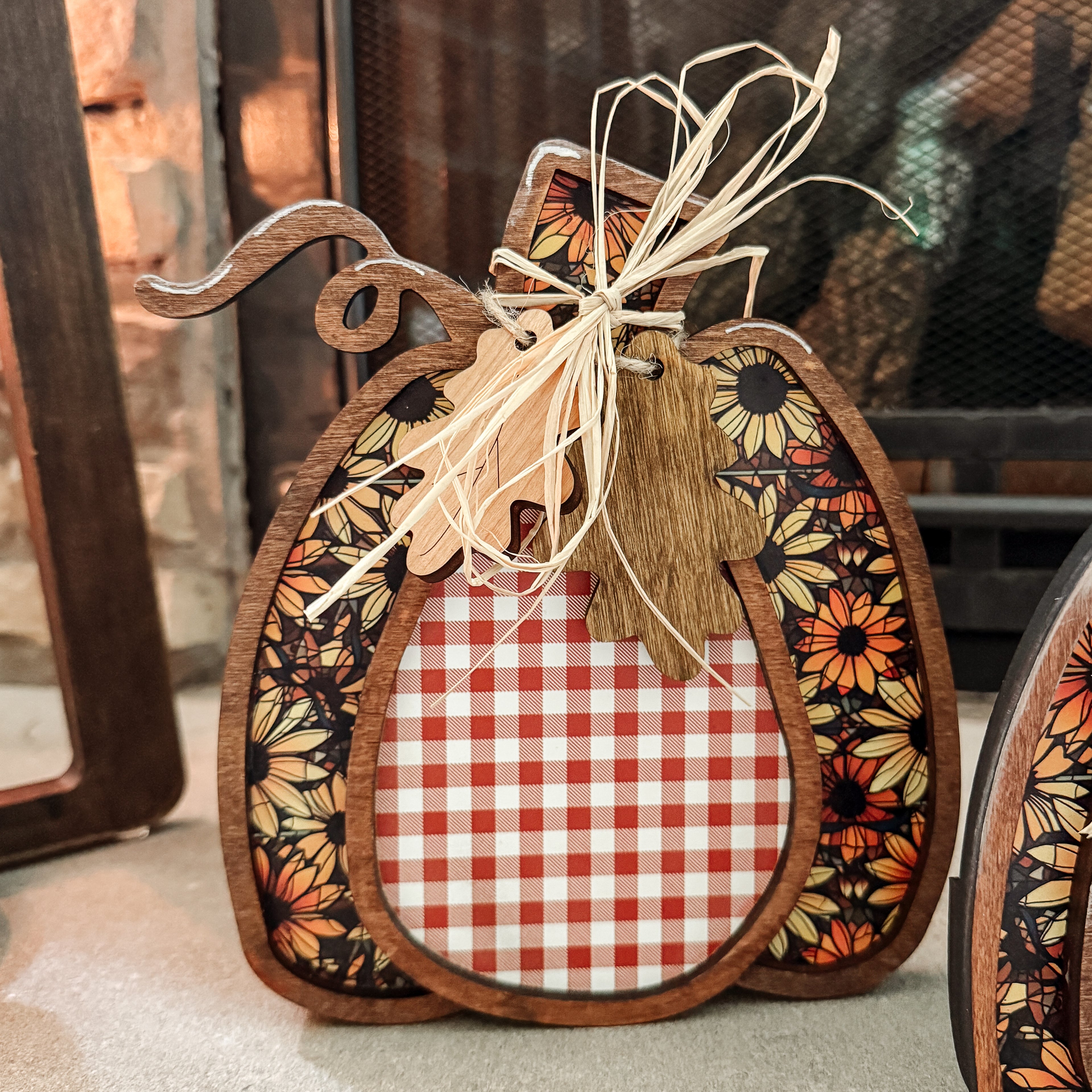 Handmade Layered Wood Pumpkin Sets with Bows, Raffia, and Leaf Accents – Rustic Freestanding Fall and Thanksgiving Decor
