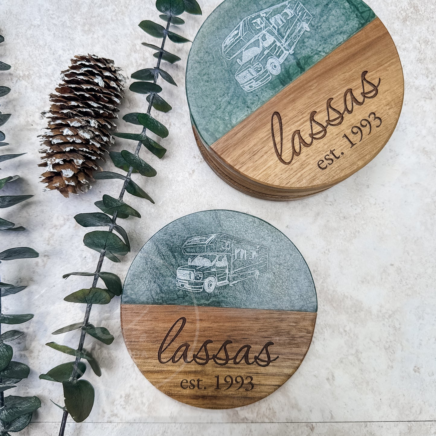 Custom RV Coaster Set – Personalized Camper Gift with Engraved Photo & Family Name (Set of 4)