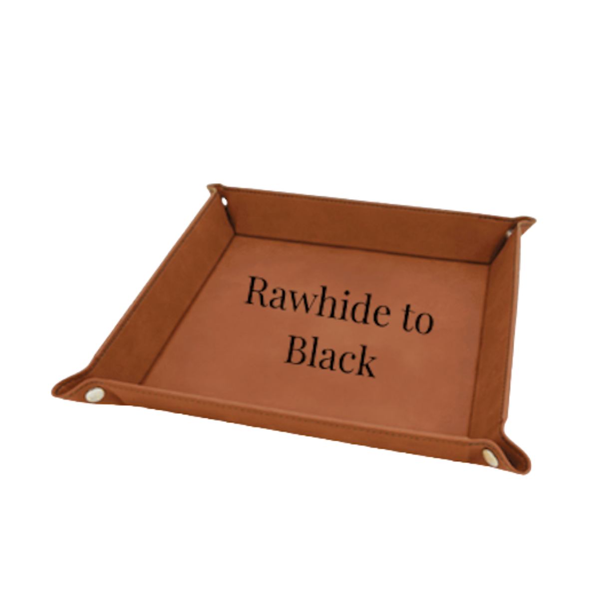 Brown leather tray with 'Rawhide to Black' text on a white background