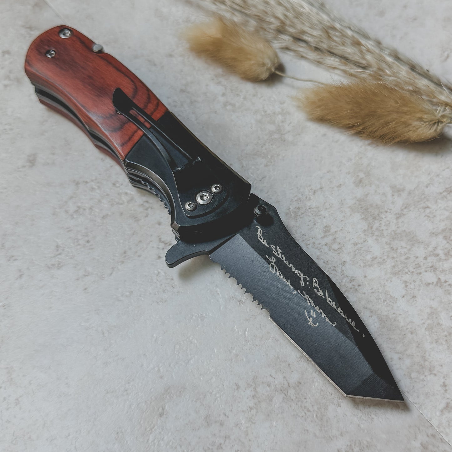 Engraved Rosewood Pocket Knife – Personalized Spring Assisted Multi-Tool with Gift Box