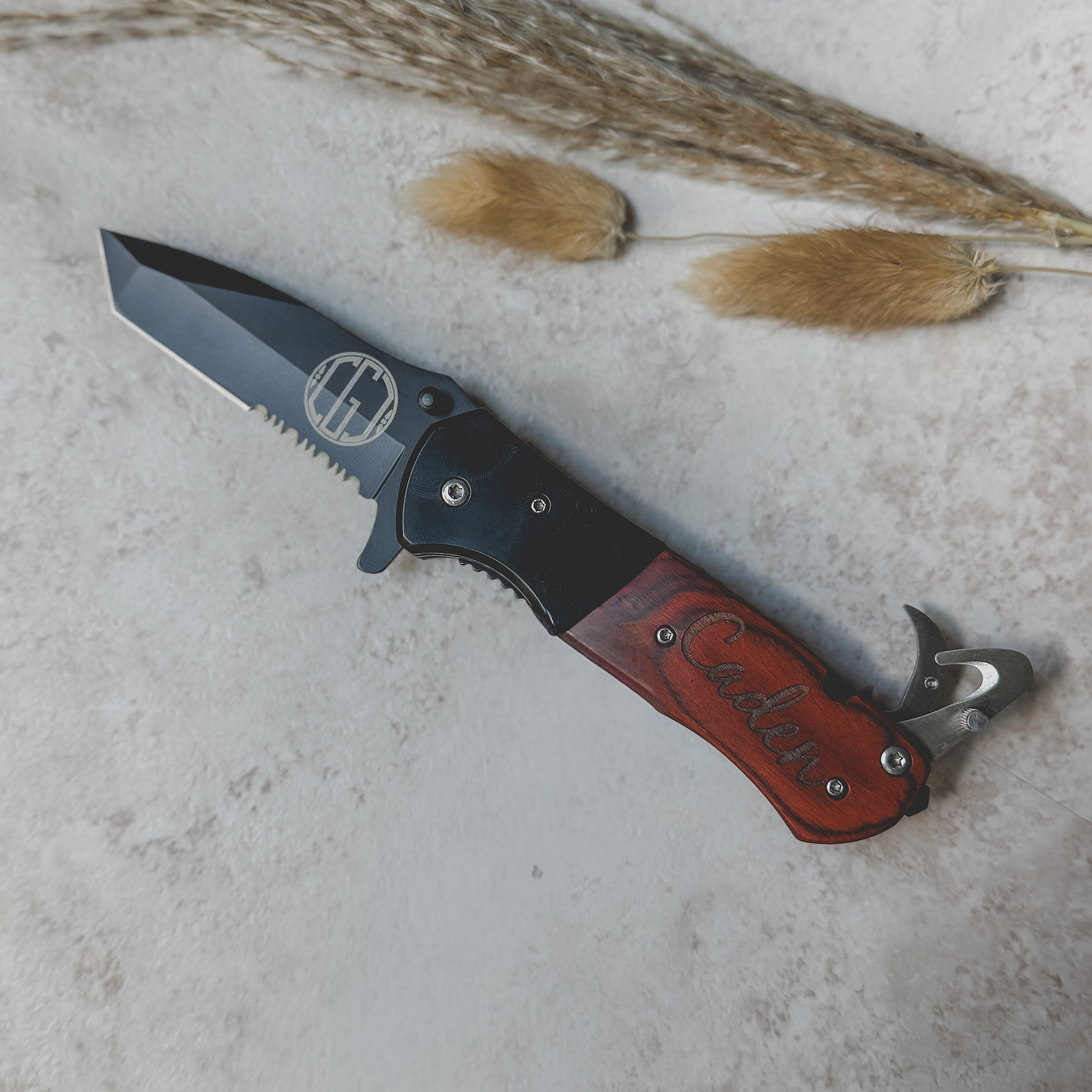 Engraved Rosewood Pocket Knife – Personalized Spring Assisted Multi-Tool with Gift Box