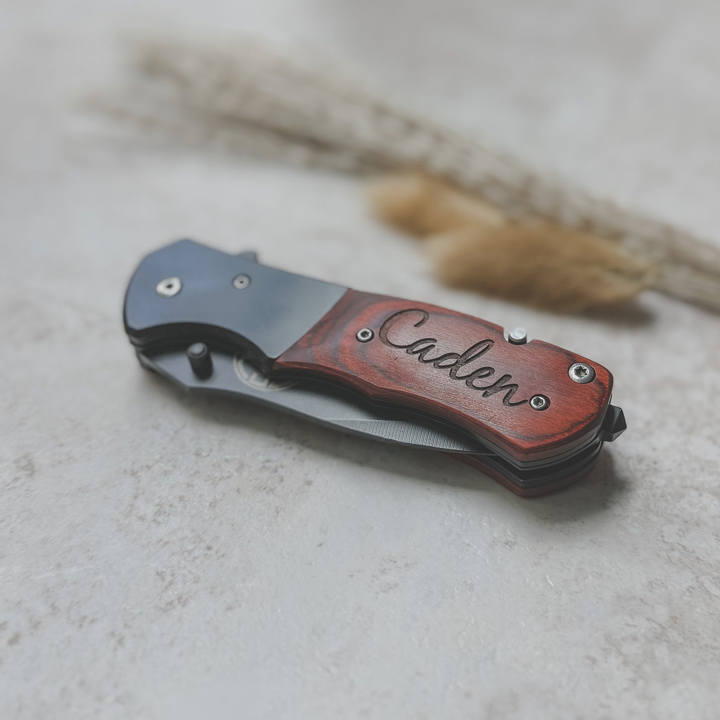 Engraved Rosewood Pocket Knife – Personalized Spring Assisted Multi-Tool with Gift Box