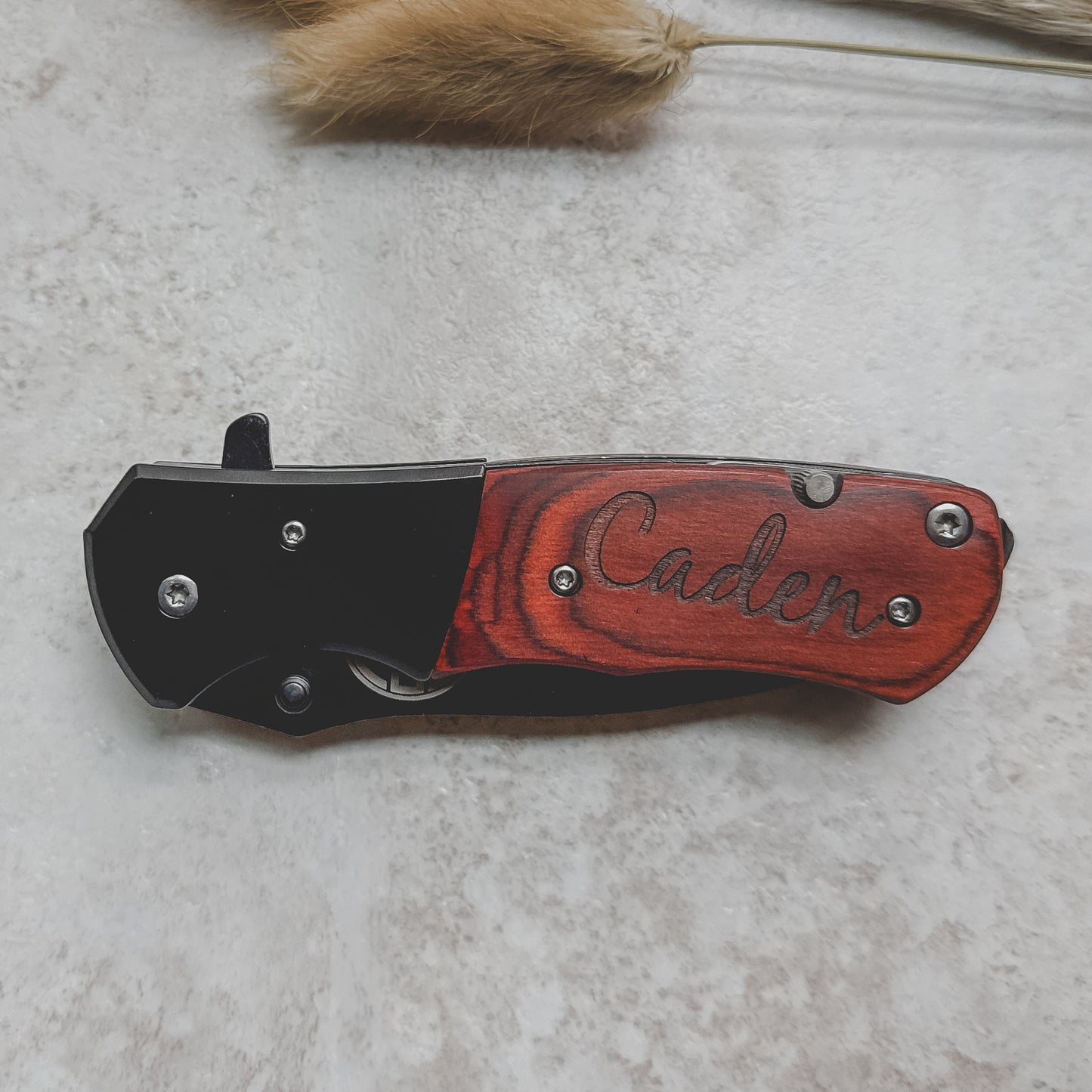 Engraved Rosewood Pocket Knife – Personalized Spring Assisted Multi-Tool with Gift Box