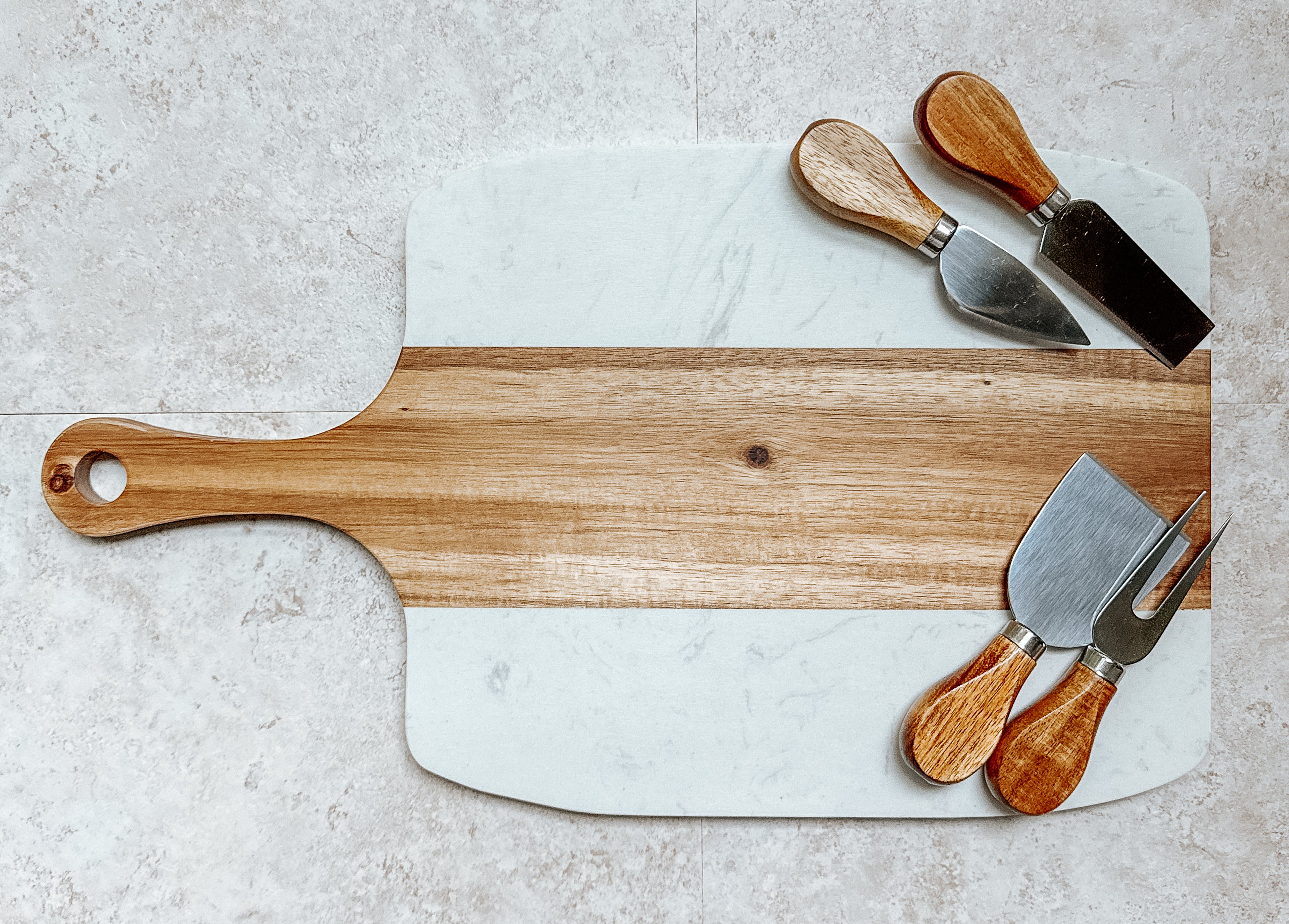 Marble & Acacia Wood Serving Board – 5 Piece Gift Set with Custom Engraving