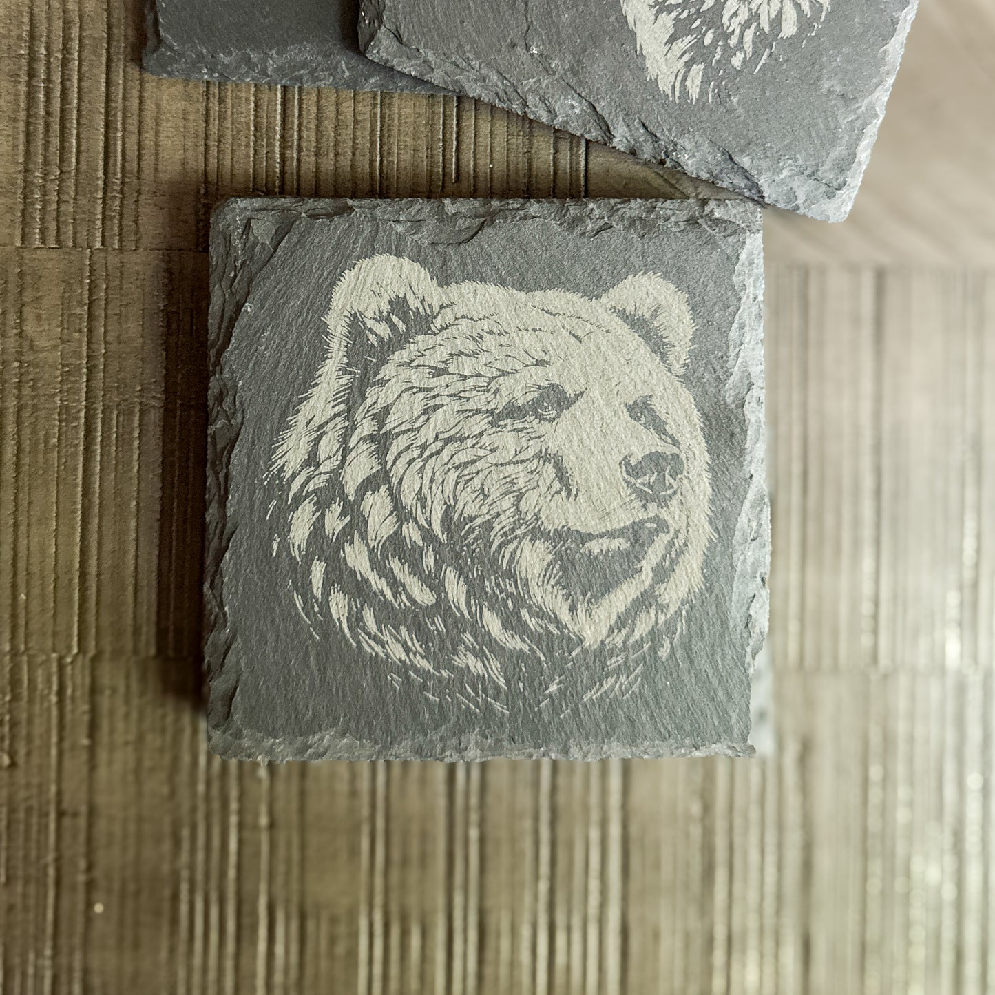 Slate coaster featuring engraved bear head in profile – rustic mountain decor