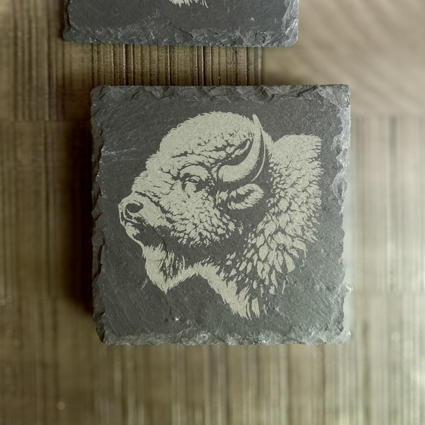 Slate coaster with engraved buffalo head in profile – Western rustic drinkware