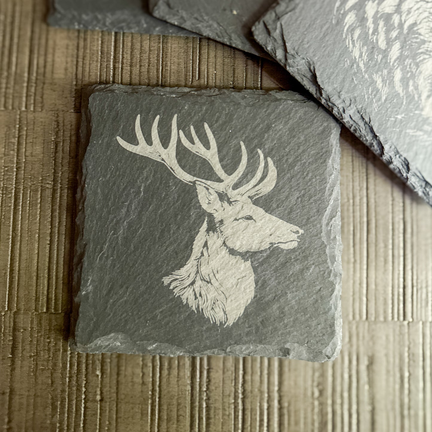 Slate coaster with engraved elk head profile – rustic wildlife drinkware