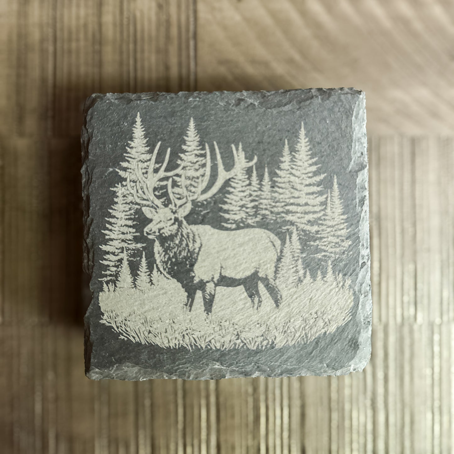 Slate coaster with laser-engraved bull elk in forest – rustic wildlife drinkware.