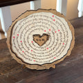 Personalized wood plaque engraved with 15 reasons I love you, heart center initials, and red hearts in a spiral design