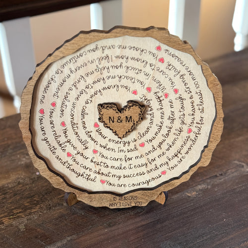 Personalized wood plaque engraved with 15 reasons I love you, heart center initials, and red hearts in a spiral design
