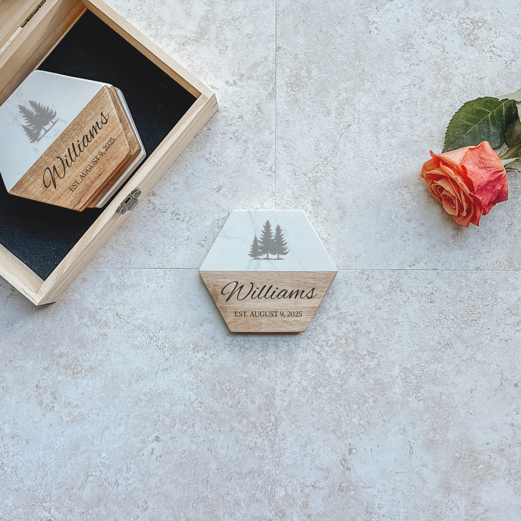 Personalized Wedding Keepsake Box & Marble Coaster Set – Rustic Tree Design Gift for Couples, Anniversary, Engagement or Bridal Shower