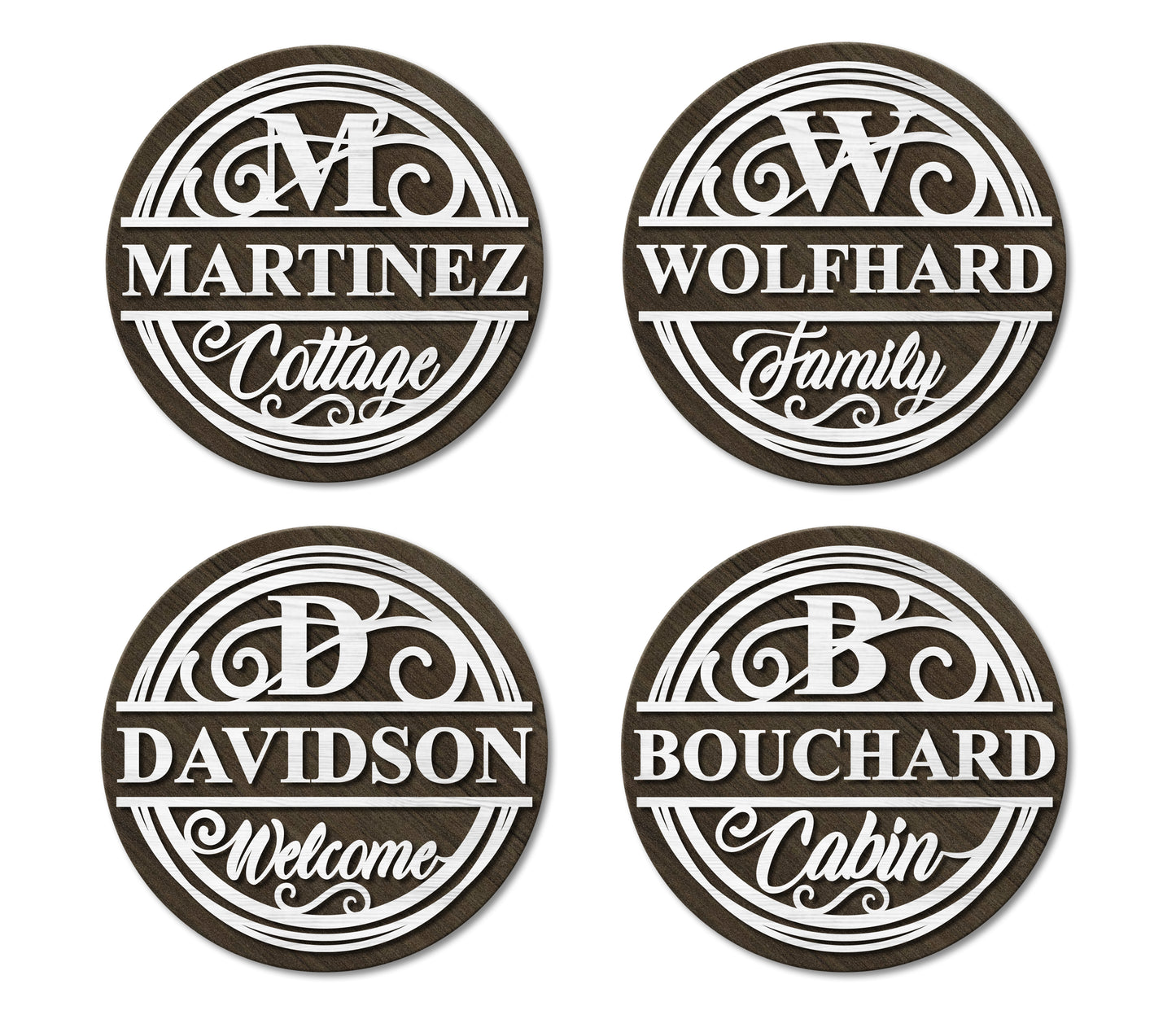 Four circular family name signs with decorative fonts on a white background.