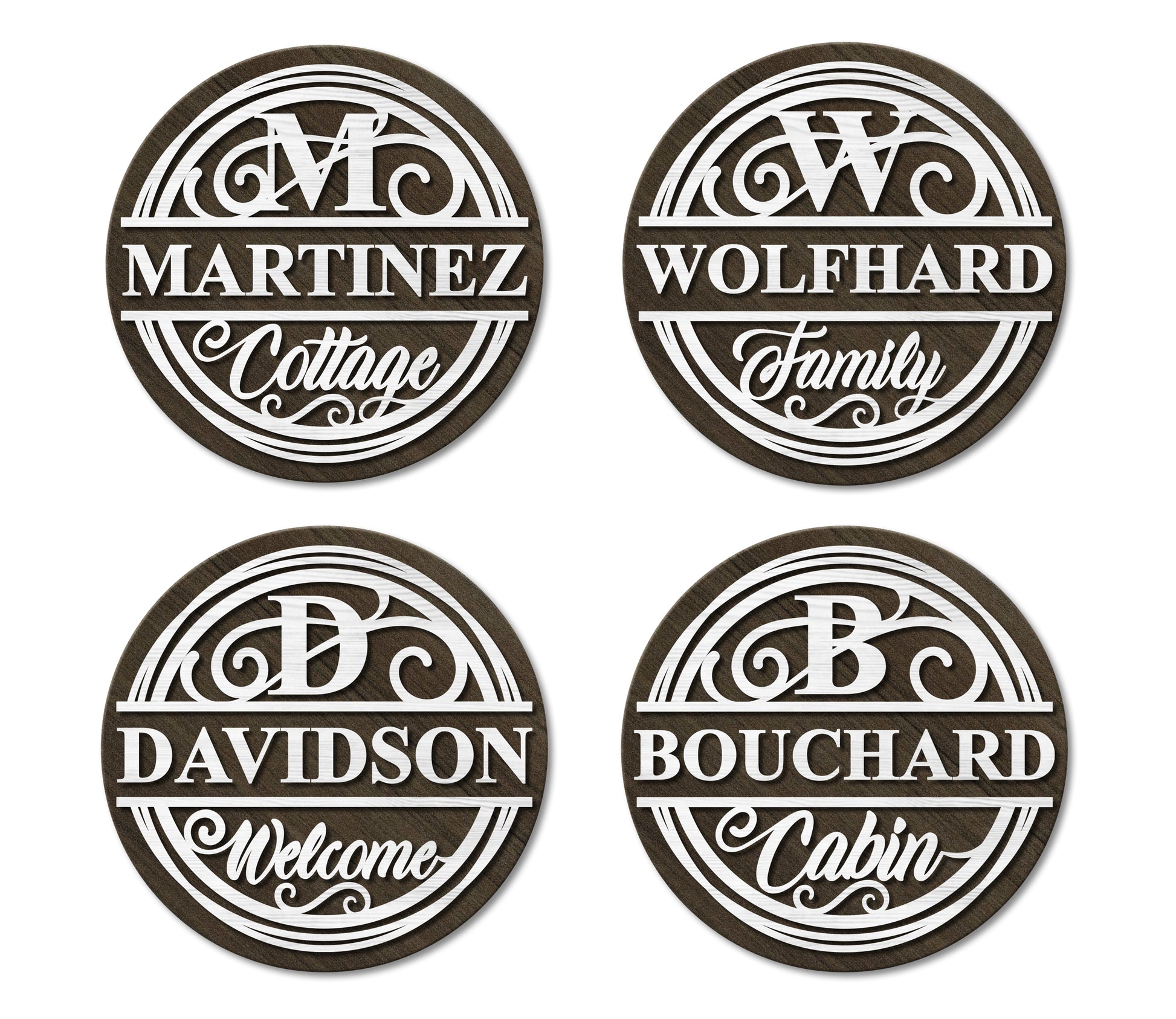 Four circular family name signs with decorative fonts on a white background.