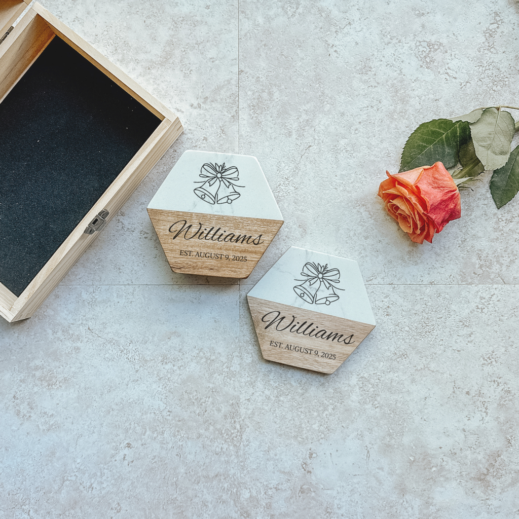 Personalized Wedding Keepsake Box & Marble Coaster Set – Custom Wooden Gift for Couples, Anniversary, Engagement or Bridal Shower