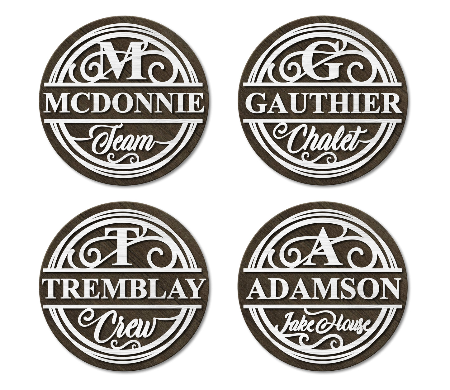 Four circular signs with personalized names and text on a white background