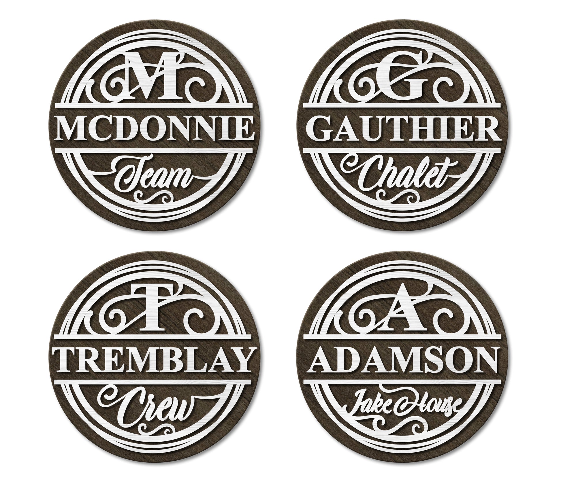 Four circular signs with personalized names and text on a white background