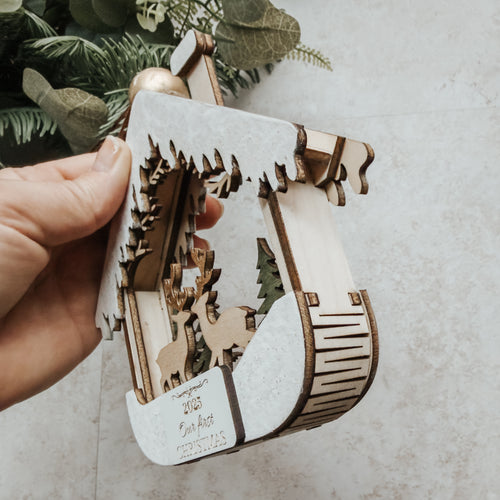 3D First Christmas Ornament – Hand Painted Cabin & Deer