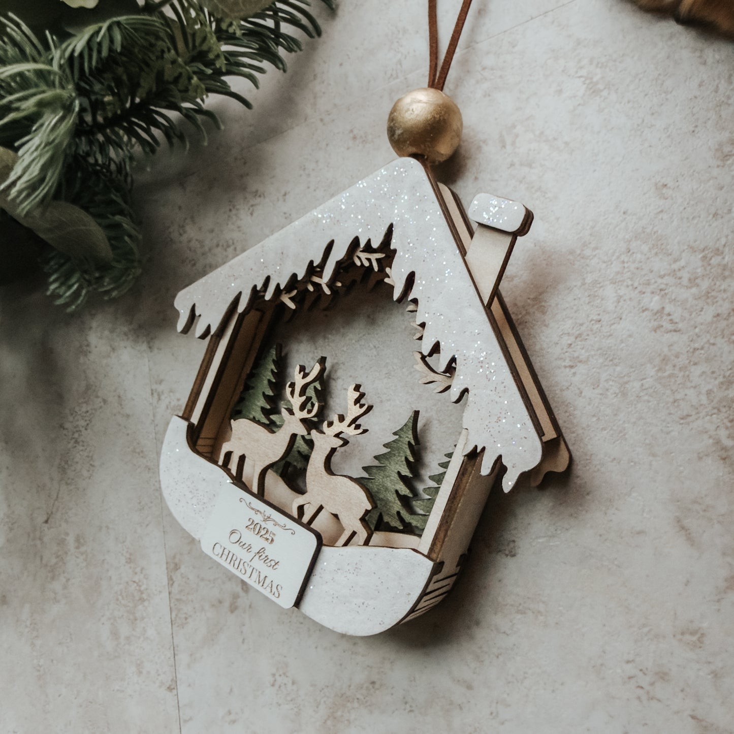 3D First Christmas Ornament – Hand Painted Cabin & Deer