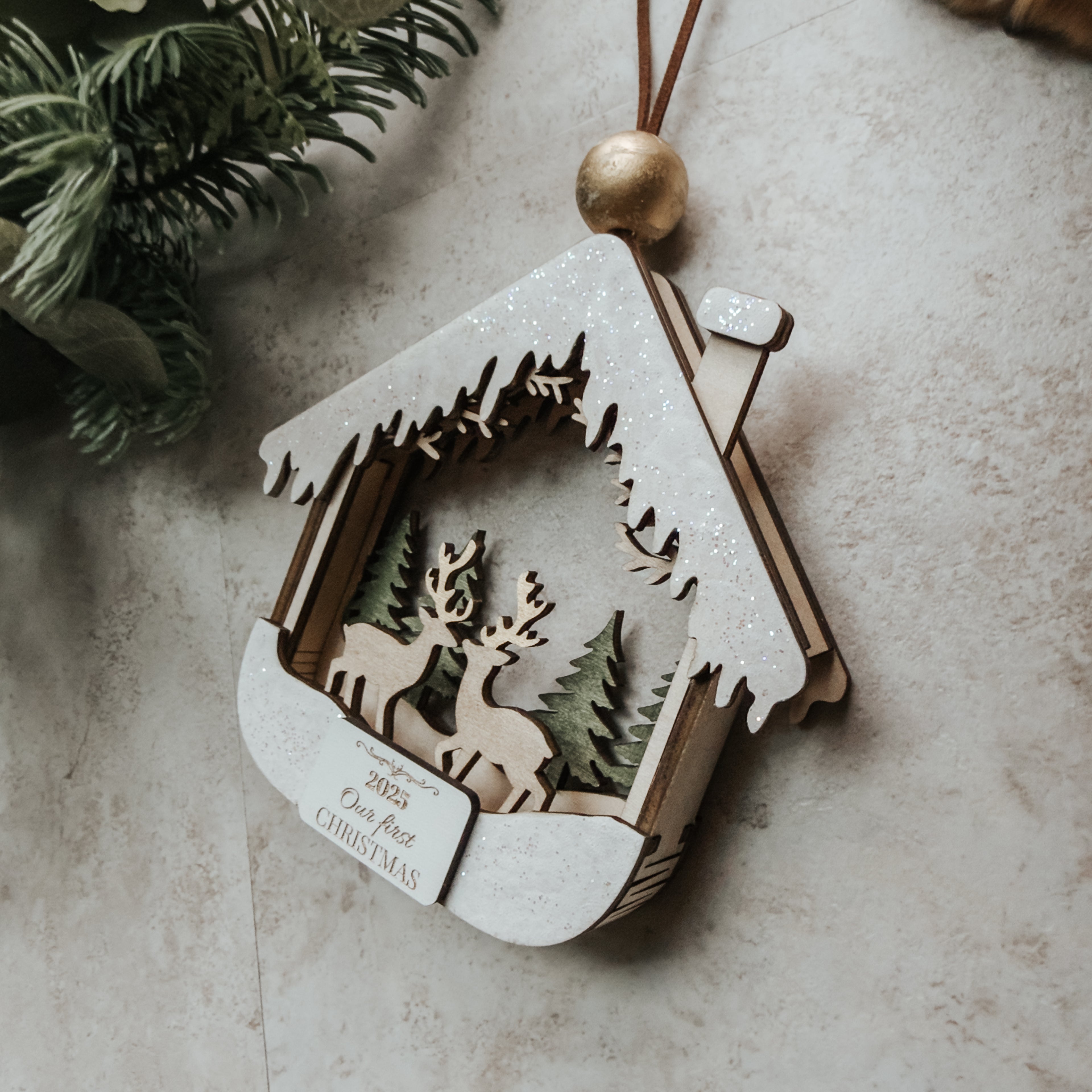 3D First Christmas Ornament – Hand Painted Cabin & Deer