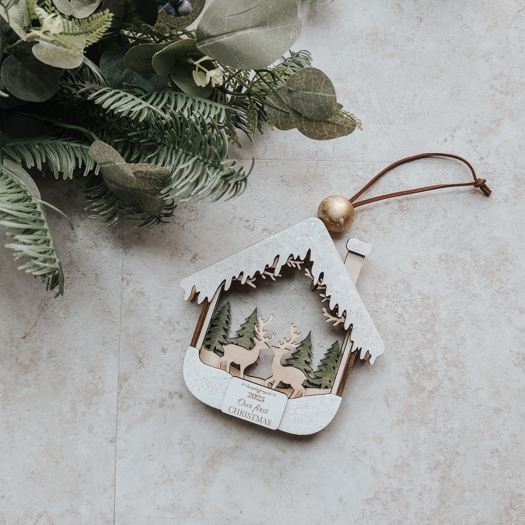 3D First Christmas Ornament – Hand Painted Cabin & Deer