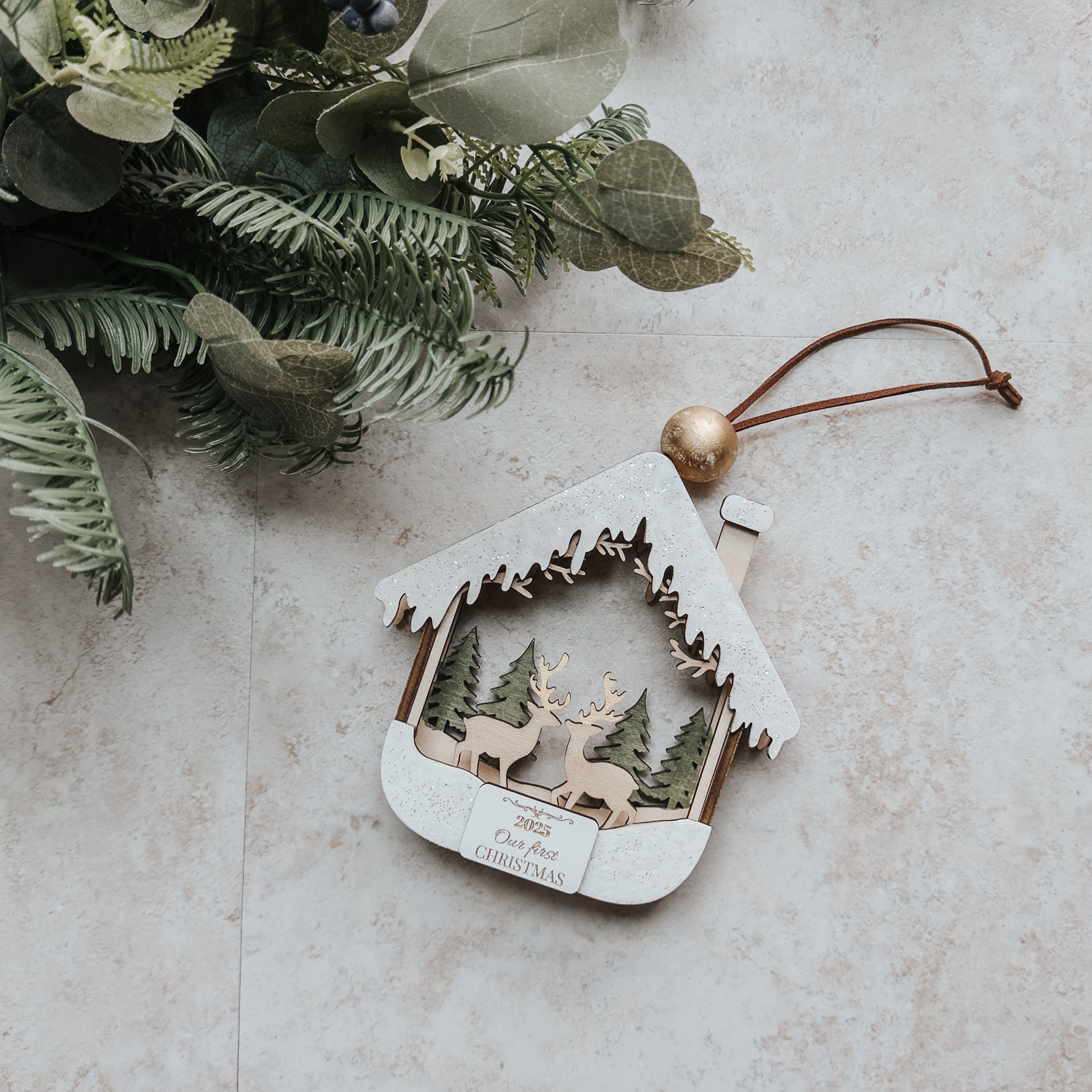 3D First Christmas Ornament – Hand Painted Cabin & Deer
