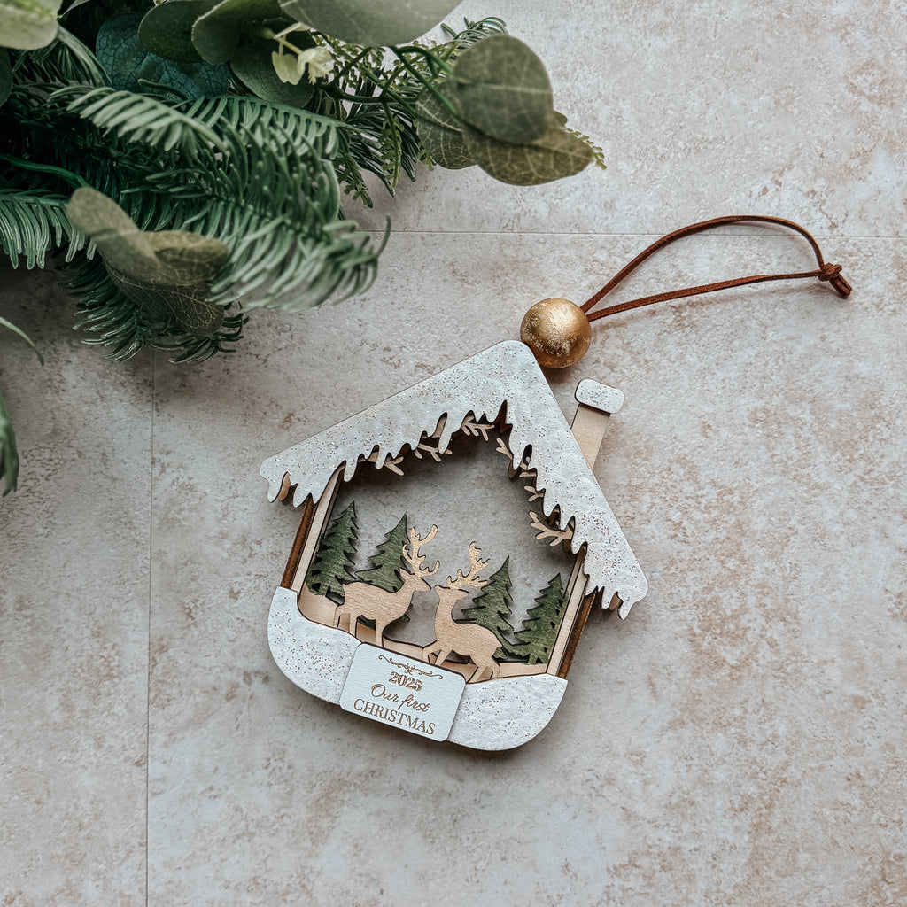 3D First Christmas Ornament – Hand Painted Cabin & Deer