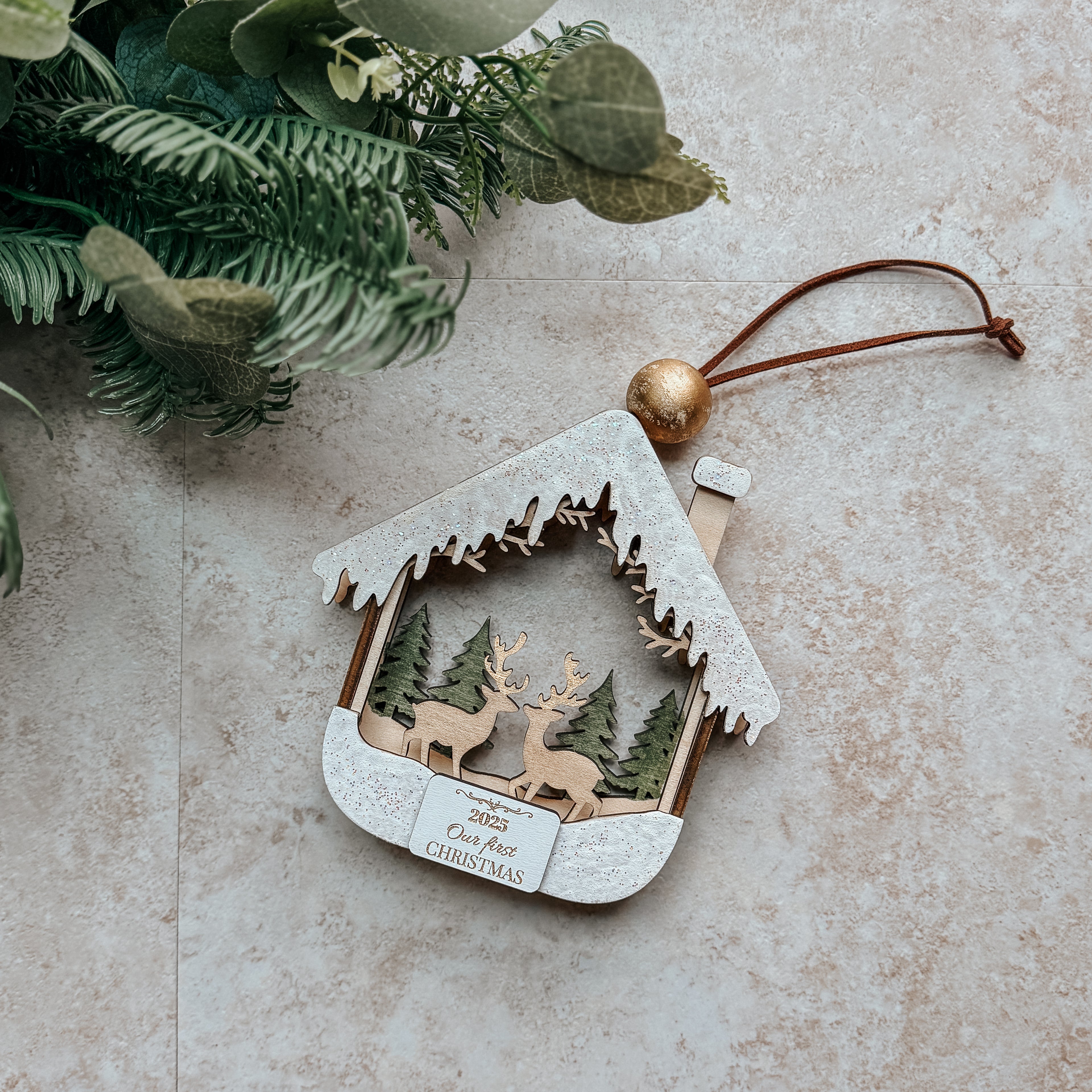 3D First Christmas Ornament – Hand Painted Cabin & Deer
